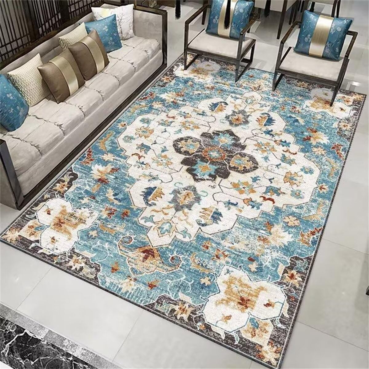 Tapis carreau ciment lavable bleu pour resoudre les taches du salon