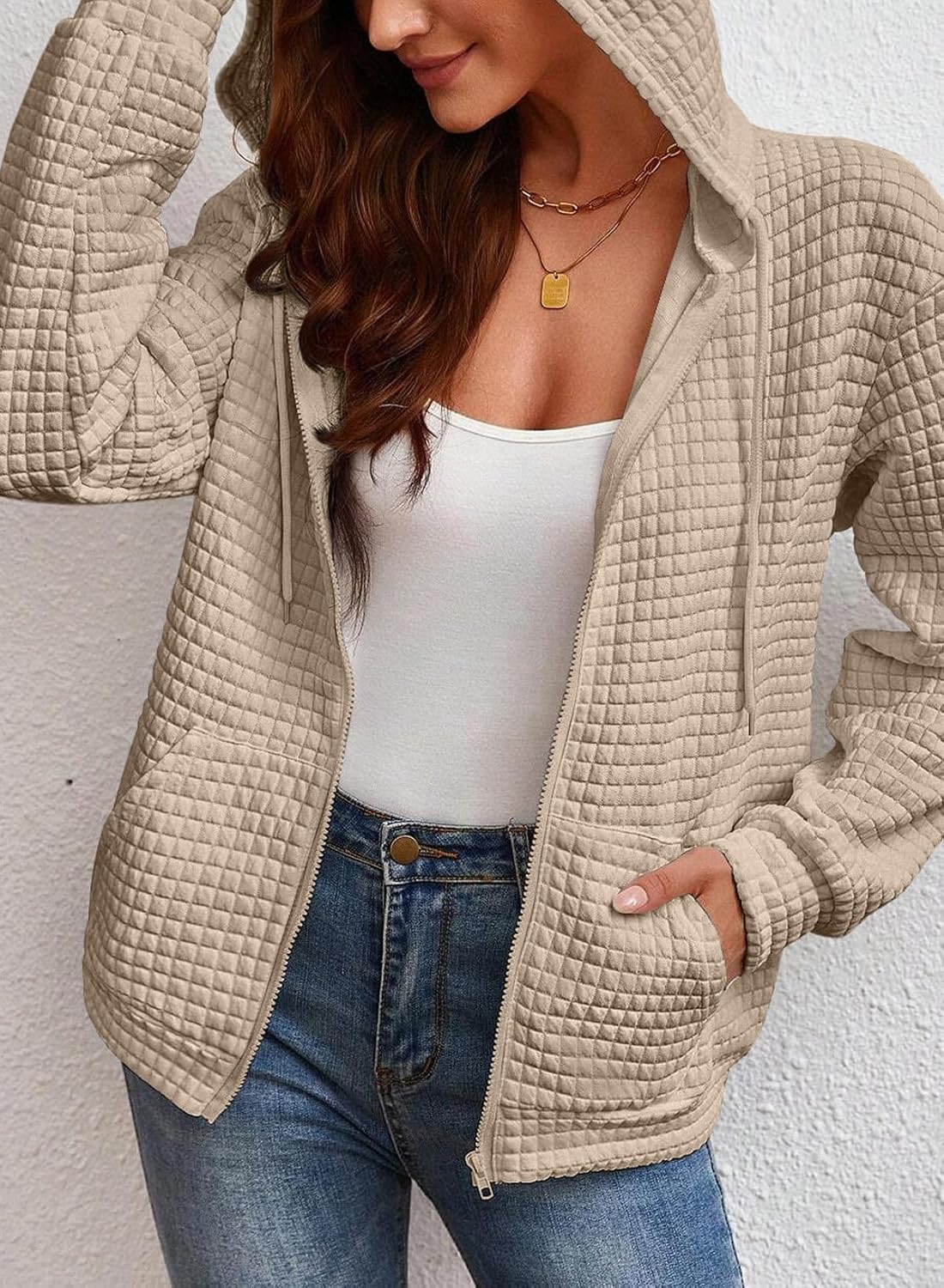 SHEWIN Womens Zip Up Hoodies Oversized Sweatshirt Fall Fashion Outfits 2025 Casual Waffle Hooded Jackets - Image 2