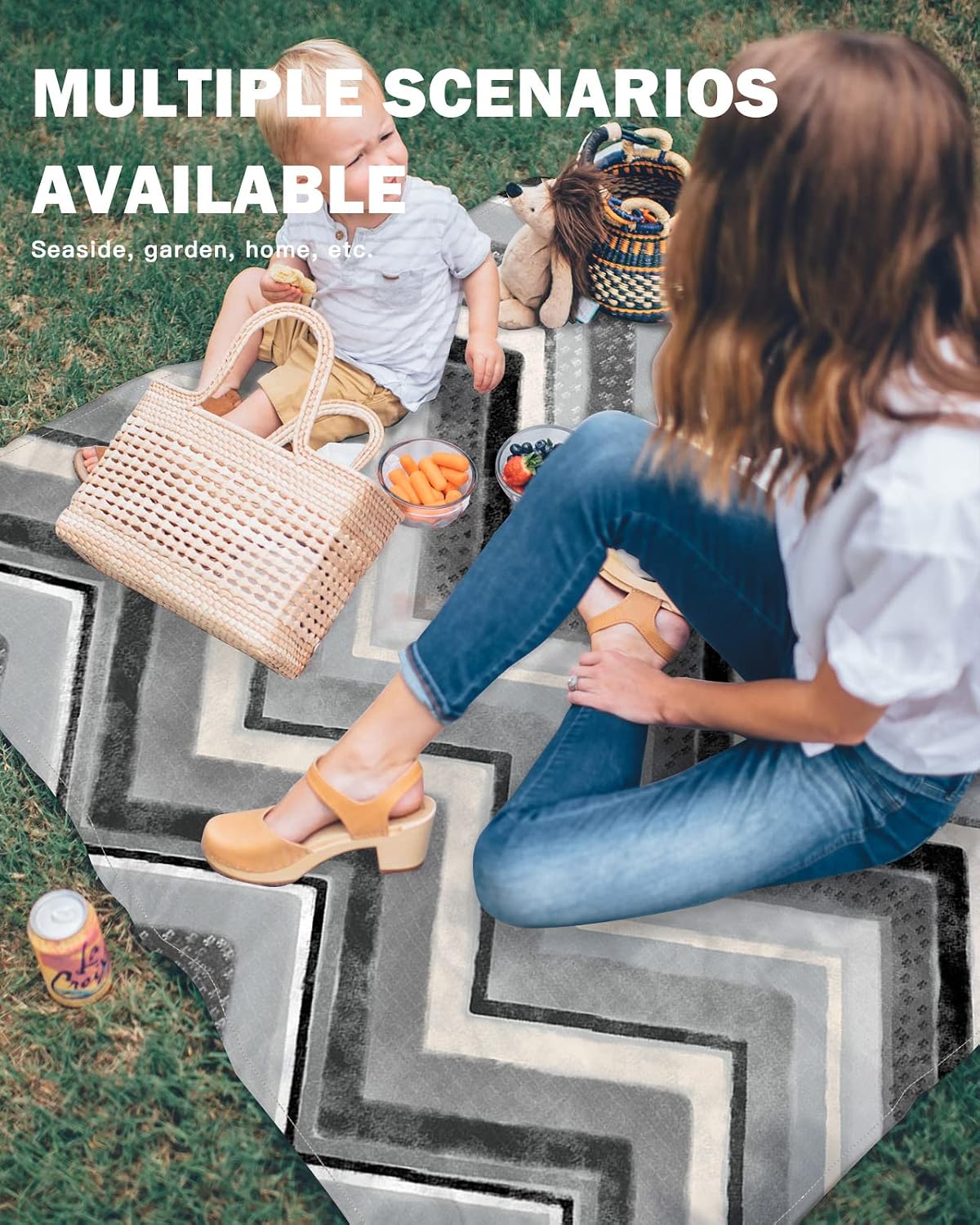 Grey Black Ethnic Zig Zag Stripes Beach Blanket Waterproof Sandproof Outdoor Picnic Mat 95"x80" Minimalist Northern Europe Style Lightweight Large Beaach Blankets with 4 Stake & 4 Corner Pockets