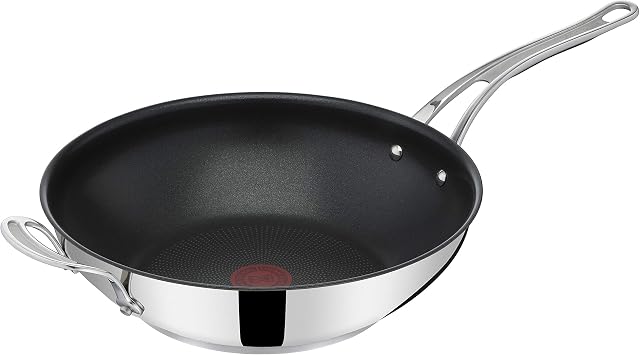 Tefal Jamie Oliver Cook's Classics Stainless Steel Wok Pan, 30 cm, Non-Stick Coating, Heat Indicator, 100% Safe, Riveted Silicone Handle, Oven-Safe, Induction Wok Pan E3068834
