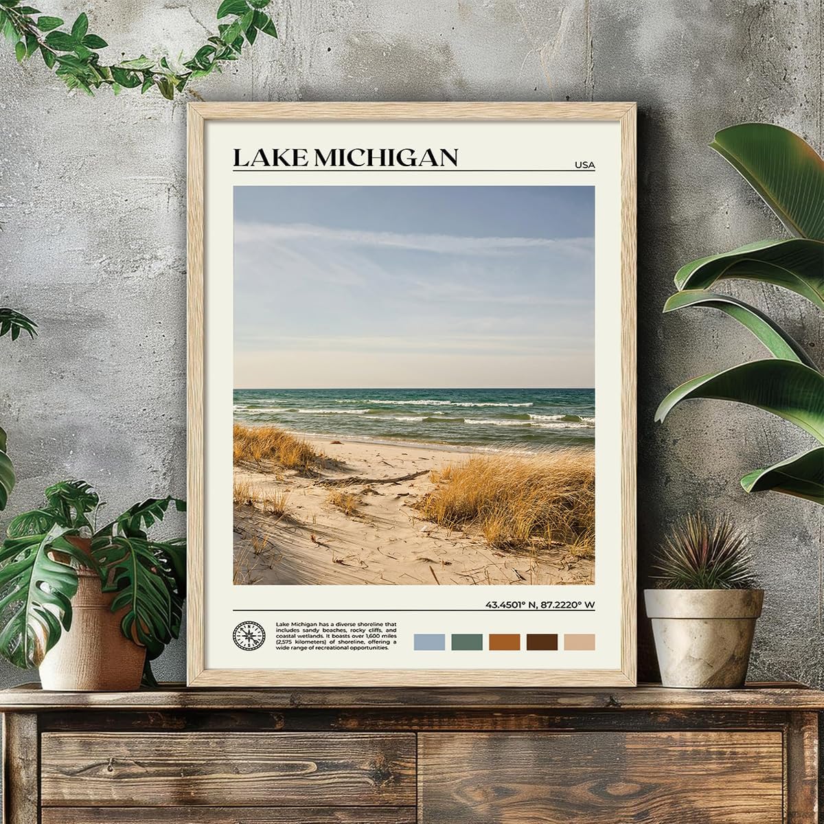 KISSFOX OAK Wood Framed Wall Art Lake Michigan Wall Decor Coastal Canvas Art Beach Pictures Landscape Paintings Travel Posters Aesthetic Artwork For Bedroom Office Living room