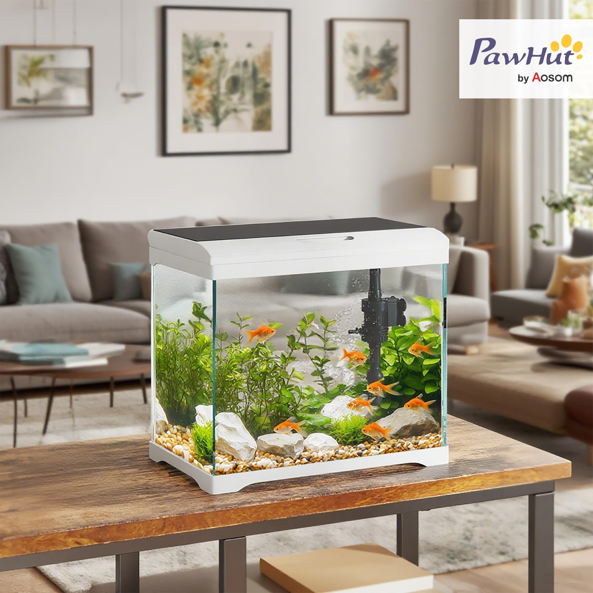 PawHut Acquario in Vetro 17L per Pesci Rossi con Illuminazione LED, Acquario Completo con Pompa d'Acqua e Sistema di Filtraggio, Vaschetta per Pesci Acqua Tropicali 35x21x31 cm Bianco