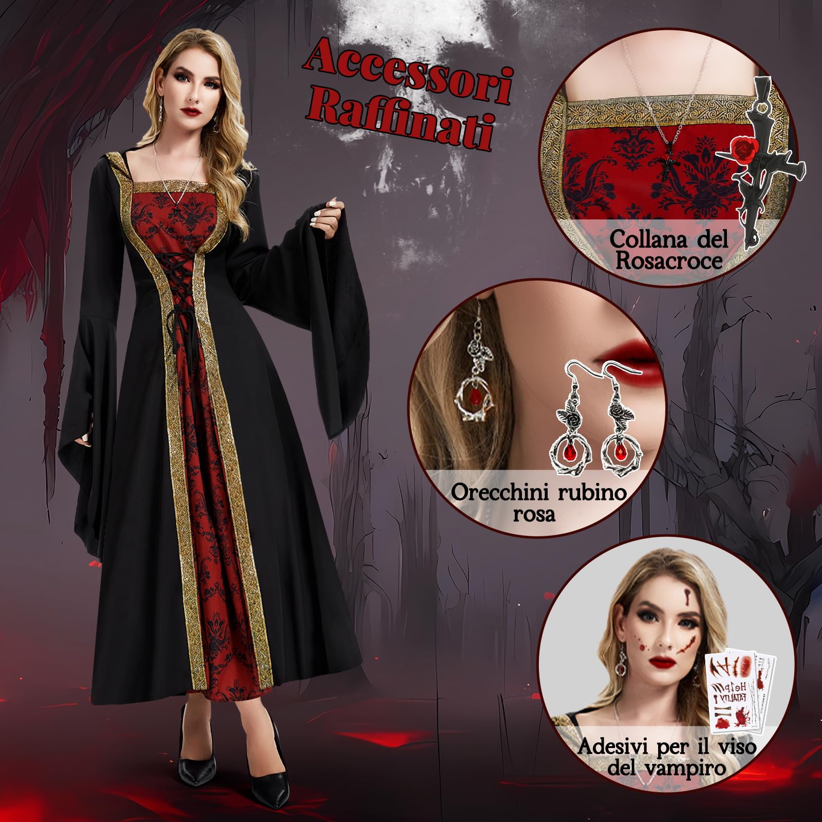 IEEILULU Vestito Vampira Donna, Vestito Medievale Donna Costume Vampiro, Costumi Halloween con Collana e Orecchini, Costumi per il Ballo in Maschera di Halloween