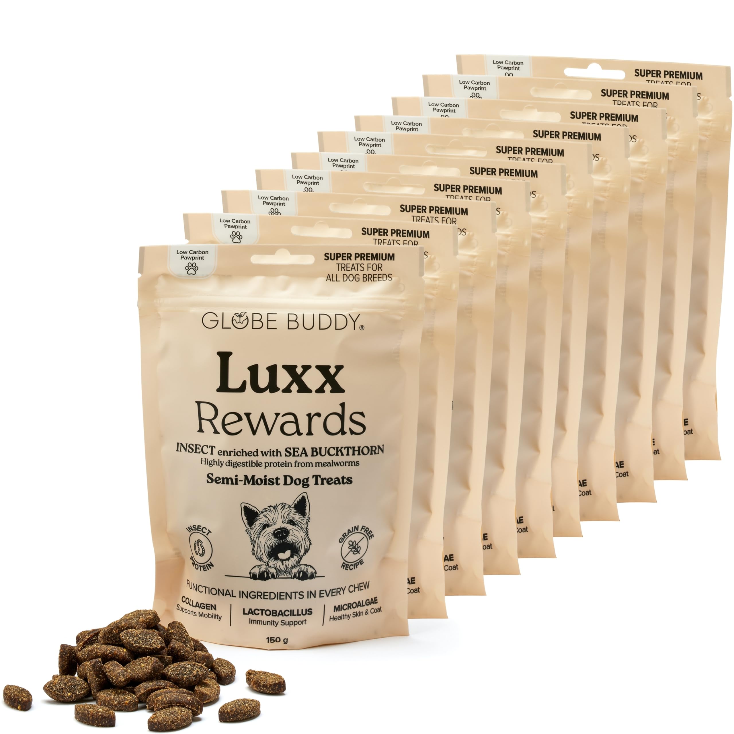 Luxx Rewards – Pack 10×150 g – Snacks Hipoalergénicos sin Cereales con Proteína de Insectos para Perros – Apoyo a Movilidad e Inmunidad – Premios Super Premium