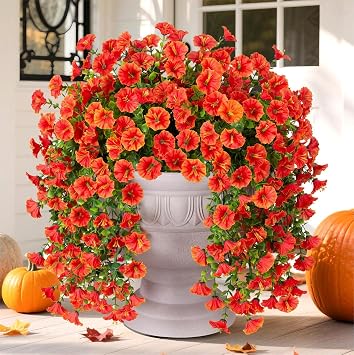 HyeFlora Artificial Faux Hanging Flowers Plants for Outdoor Decor,2 PCS Fake Silk Morning Glory with Eucalyptus UV Resistant Realistic Mums for Wall Home Porch Patio Balcony Yard Indoor Decor, Orange