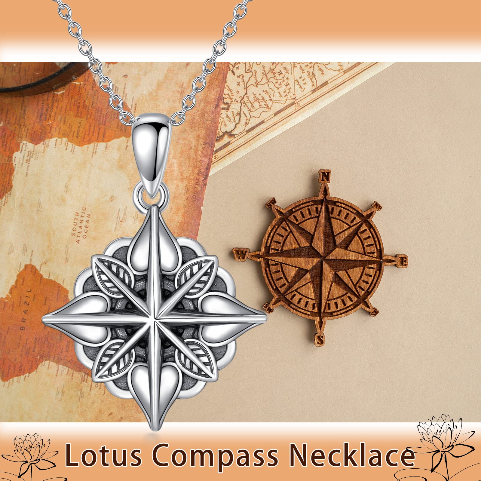 ROMANTICWORK - Collar de flor de loto de plata de ley con colgante de loto, piedra de luna, libélula, brújula, mal ojo, joyas para mujer y niña