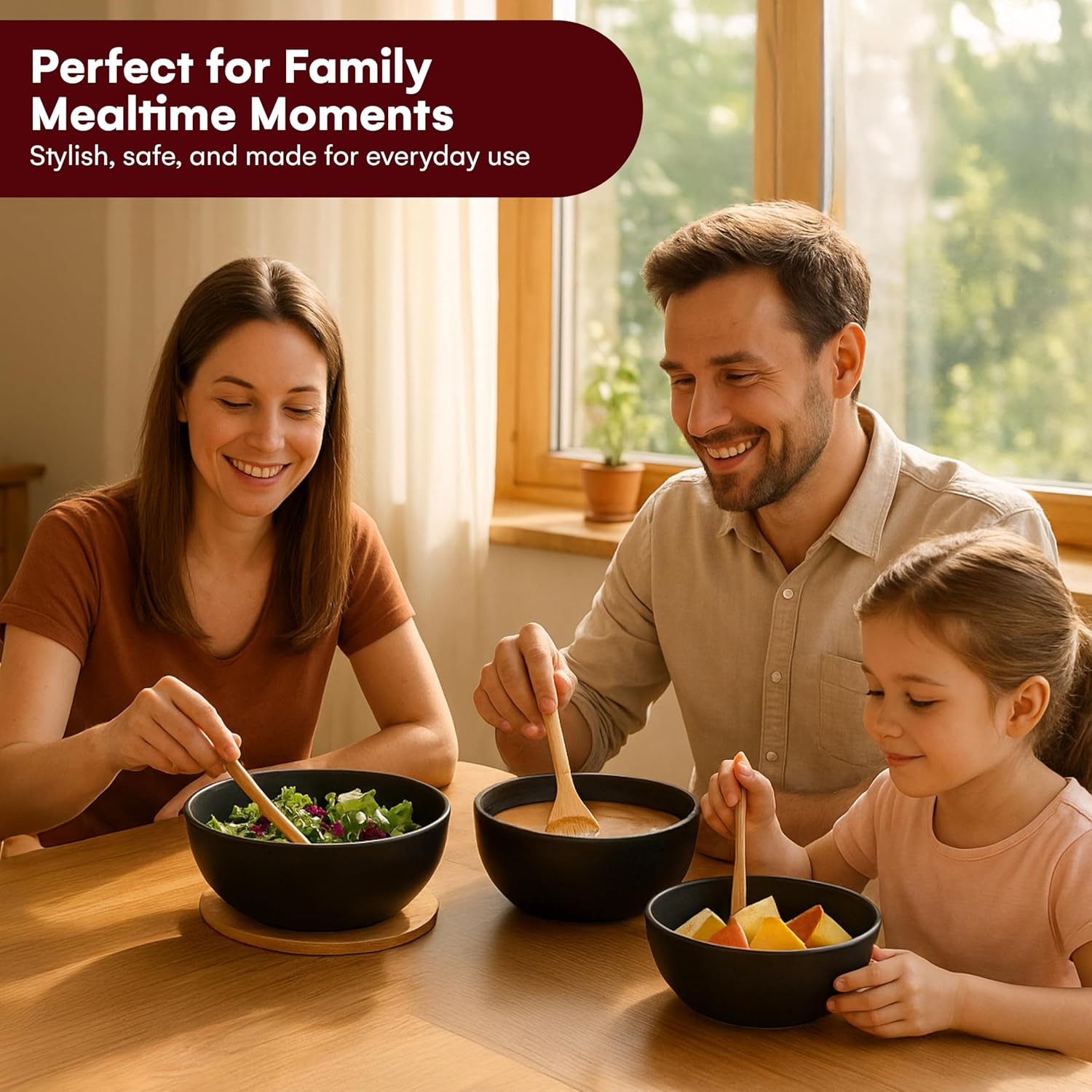 Vdomus Salad Serving Bowls with Lids - 5x10x10-Inch Bamboo Fiber Bowl Set with Wooden Lids - Multi-Purpose Bowl and Board Set for Kitchen - Mixing Bowl Set for Serving and Preparing Food - Set of 3 - Image 4