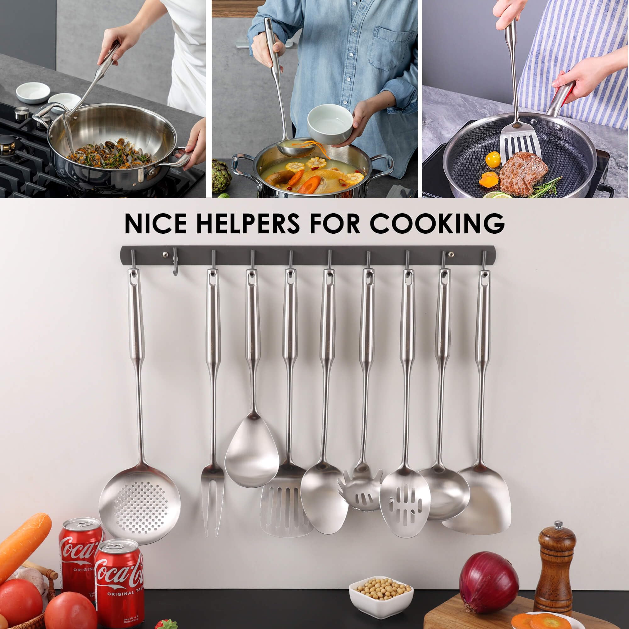 Standcn Küchenutensilien-Set aus 304 Edelstahl, 9-teiliges Metall-Kochwerkzeug-Set mit Fleischgabel, massivem Löffel, Schlitzlöffel, Spatel, Schöpflöffel, Schaumlöffel, Spaghettiheber, großer Löffel
