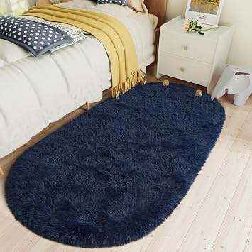 LOCHAS Bedroom Rug 2.6' x 5.3', Navy Fluffy Shaggy Area Rug for Bedroom Bedside, Soft Oval Throw ...
