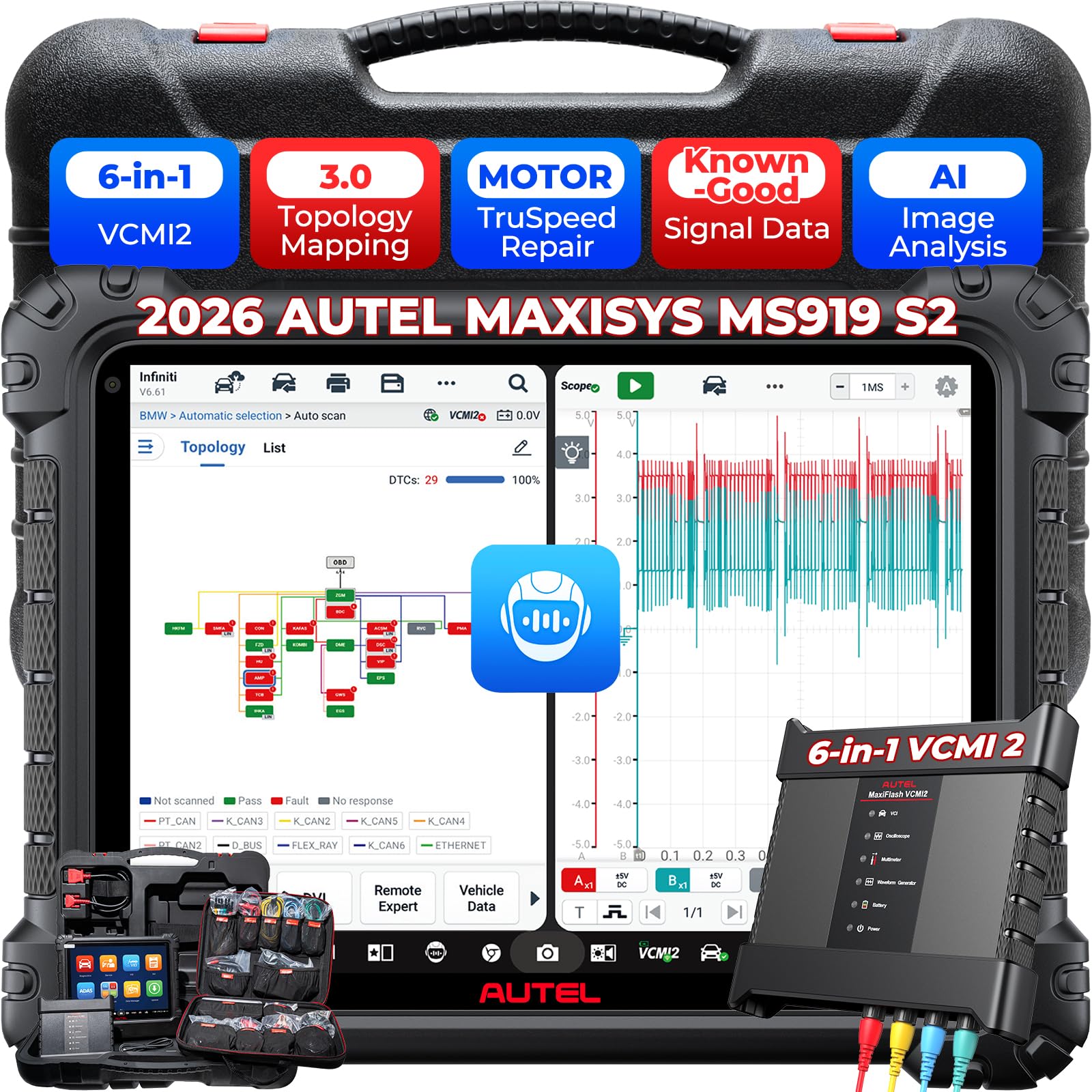 MaxiSys MS919 S2 Scanner, Same as Ultra S2, Up of Ultra MS909 S2 MS919, 2026 Top Intelligent Diagnostic Tool, 6-in-1 VCMI2, Topology 3.0, J2534 ECU Programming, MOTOR TruSpeed, AI Image Analysis