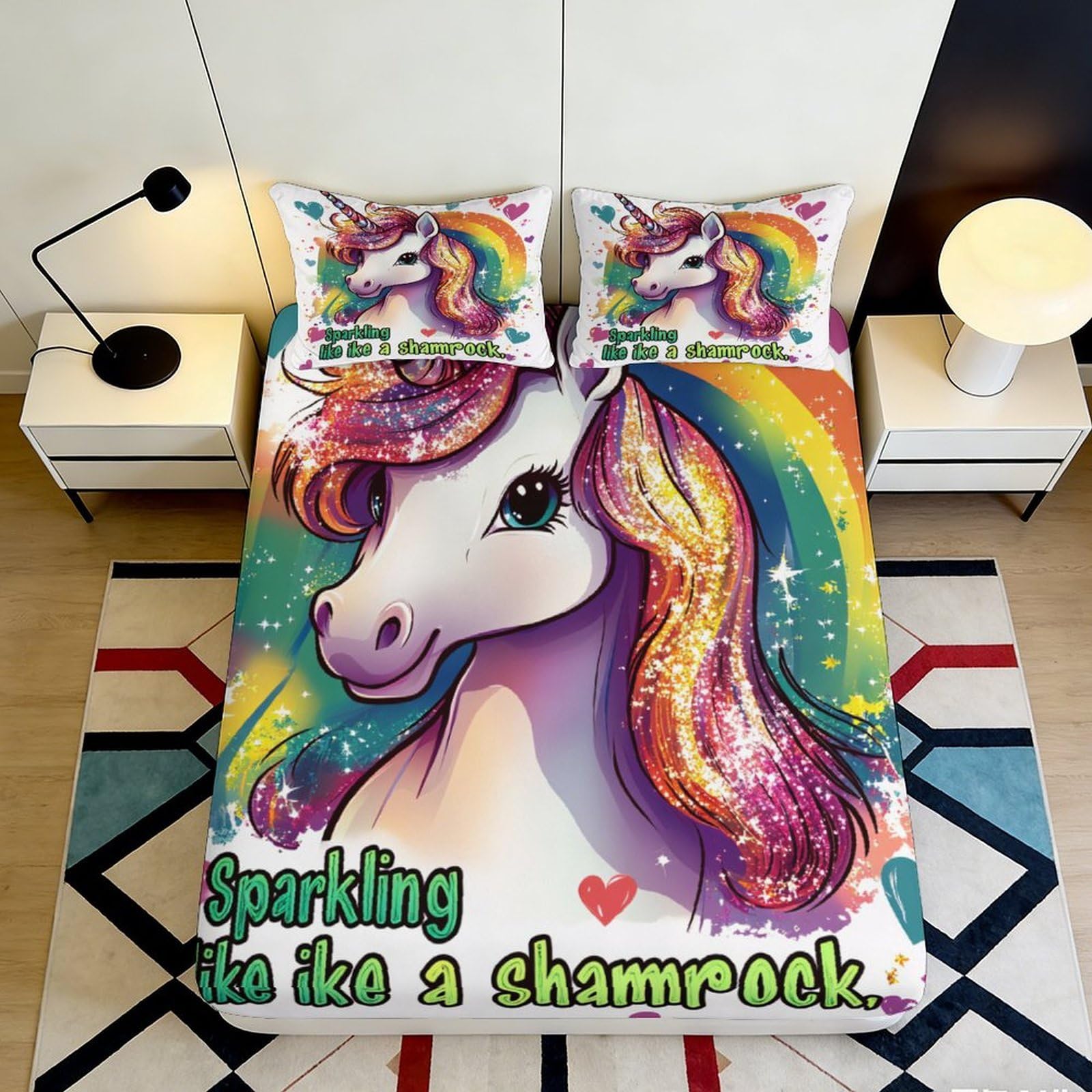 3D Printed Rainbow Unicorn Fitted Sheet Microfiber Anti-Slip Bed Cover for Bedroom Dorm Mattress Decor Easy Care 120x200x25cm