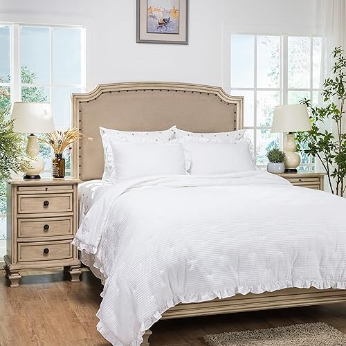 ELEGANT LIFE HOME Waffle Collection - Edredón de algodón con bordado de punto gofre, tamaño Queen, 90 x 95 pulgadas, color blanco