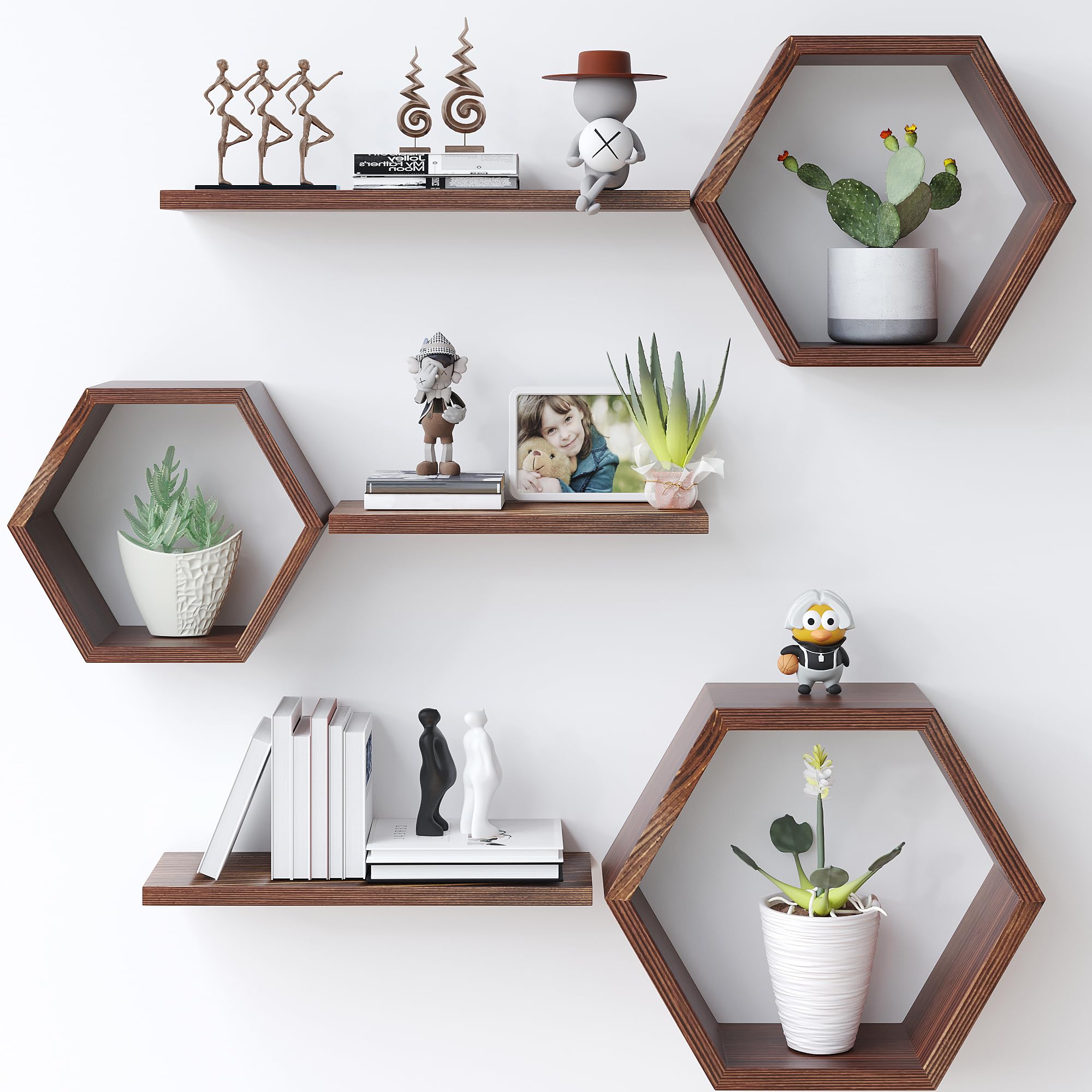 置物 YM Amazon.com: Wooden Hexagon Floating Shelves Wall Mounted,Set of 6