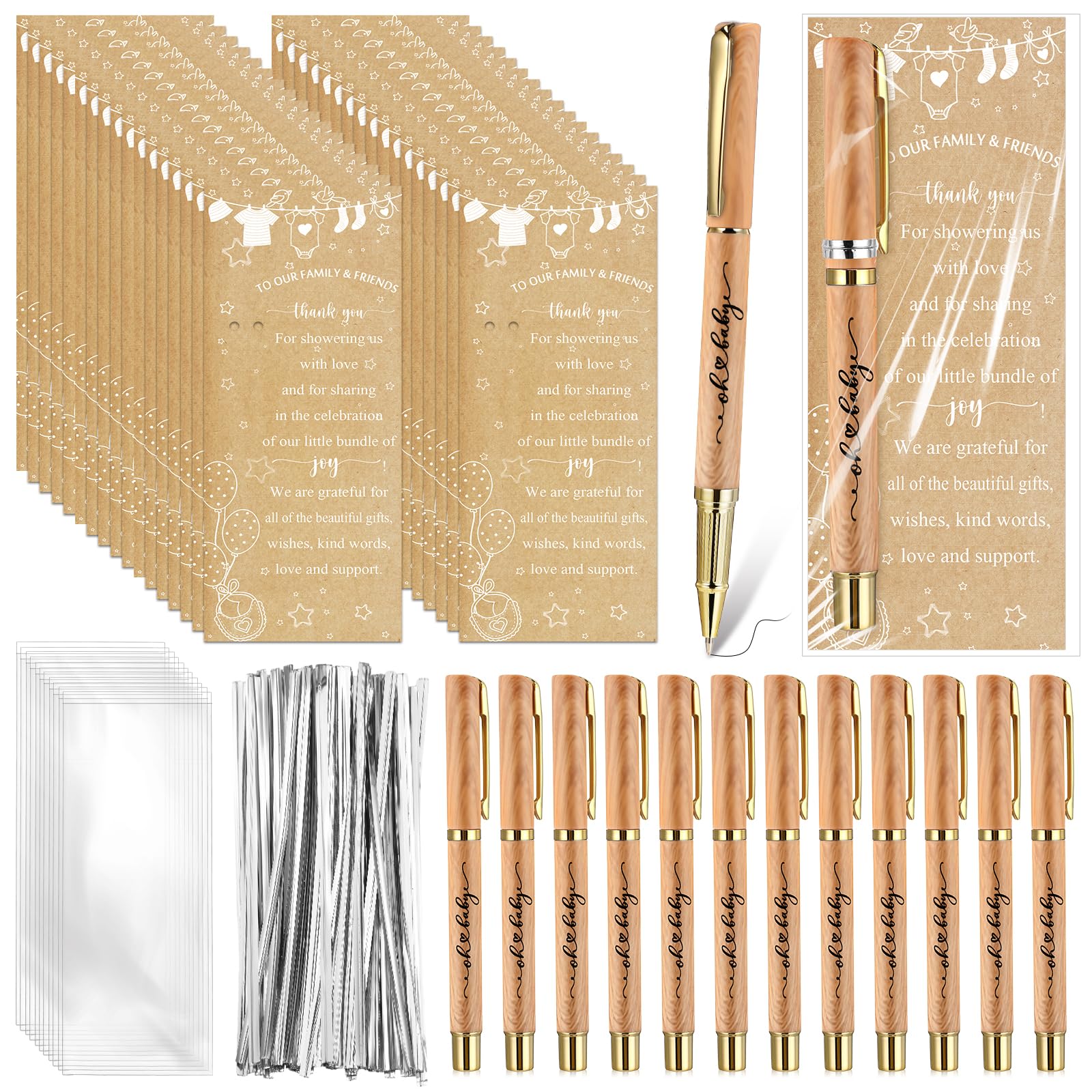 36 Set Baby Shower Pens for Guests Bulk Baby Shower Favors Include Bamboo Ink Pens with Thank You Cards Bags, Neutral Rustic Gender Reveal Favors