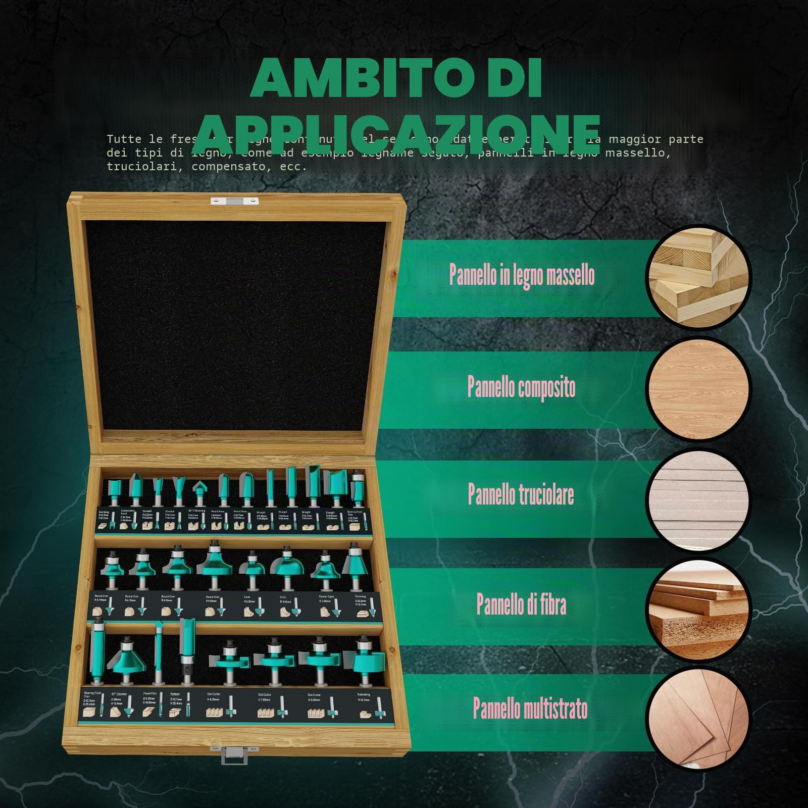CSOOM Set di 30 frese professionali per la lavorazione del legno con cuscinetti di ricambio, adatto per fusto da 8 mm, lame in lega dura, utensili per la lavorazione del legno, confezionati in robuste
