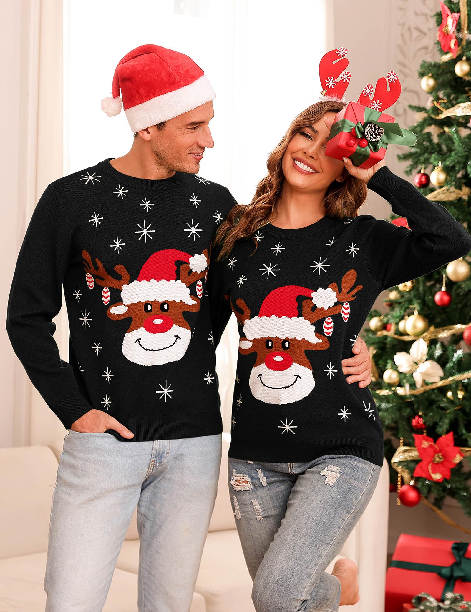 Aottori Weihnachtspullover Damen Weihnachten Pullover Herren Rundhals Lustig Weihnachtspulli Strickpullover Unisex Weihnachts Pullover Sweatshirt Familie Set