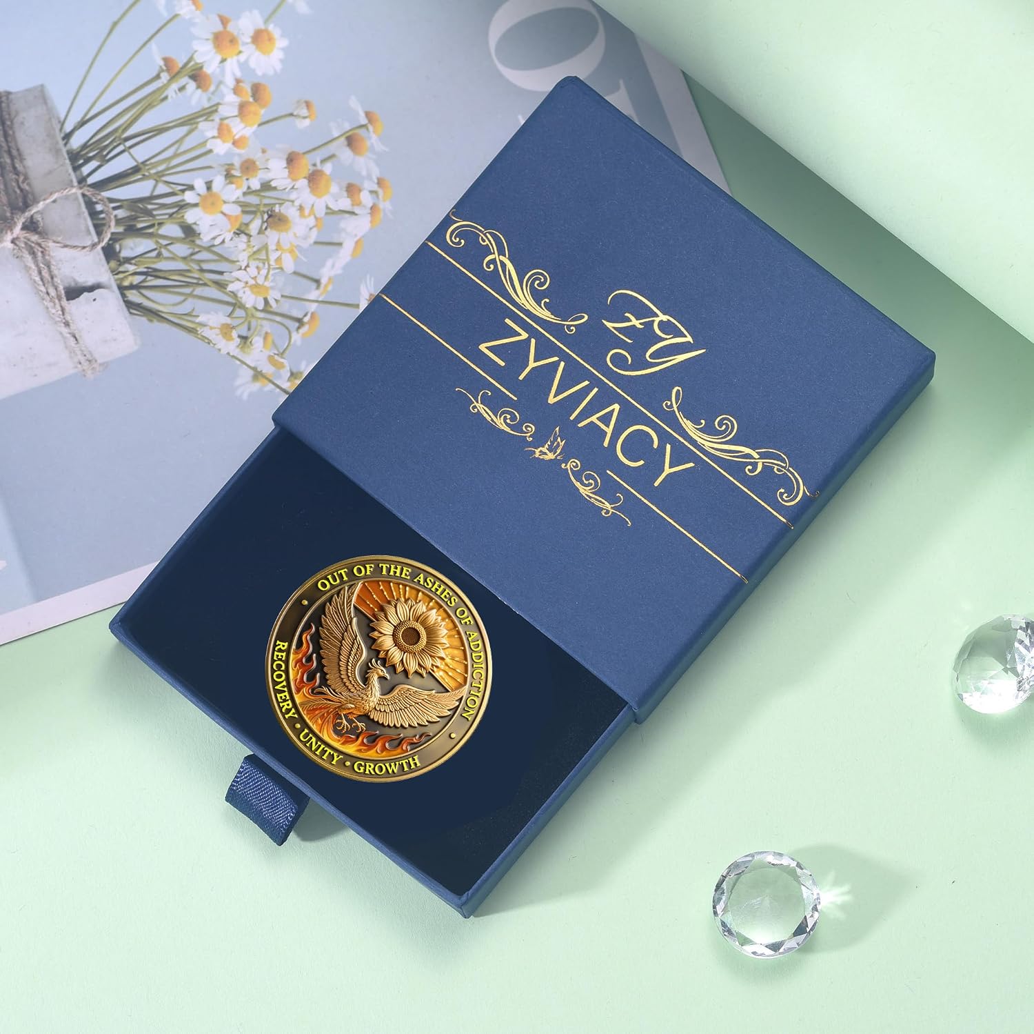Phoenix & Sunflower Sobriety Coin | Dual-Sided Recovery Medallion with Serenity Prayer | Commemorative AA & NA Chip for Addiction Recovery (35mm) Gifts for 1 Month, 90 Days, 1 to 6 Years (6 Months)