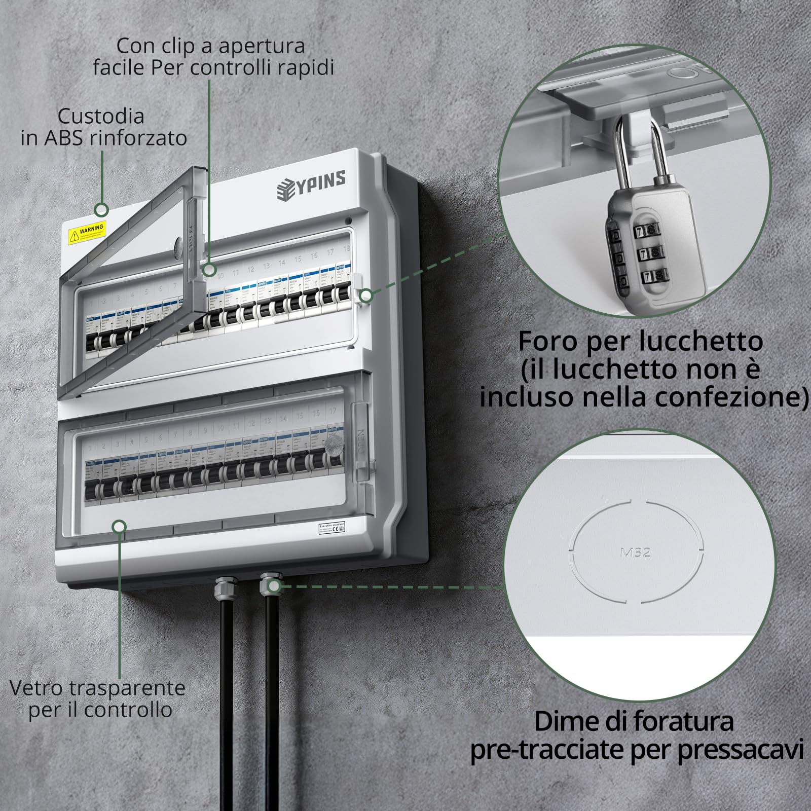 EYPINS Quadro Elettrico Esterno 2 File 36 Moduli,Scatola di Derivazione a Apertura Orizzontale,IP66 Impermeabile,con Coperchio Chiusura Moduli/Pressacavi per Esterno Garage Industriali,370x110x370 mm