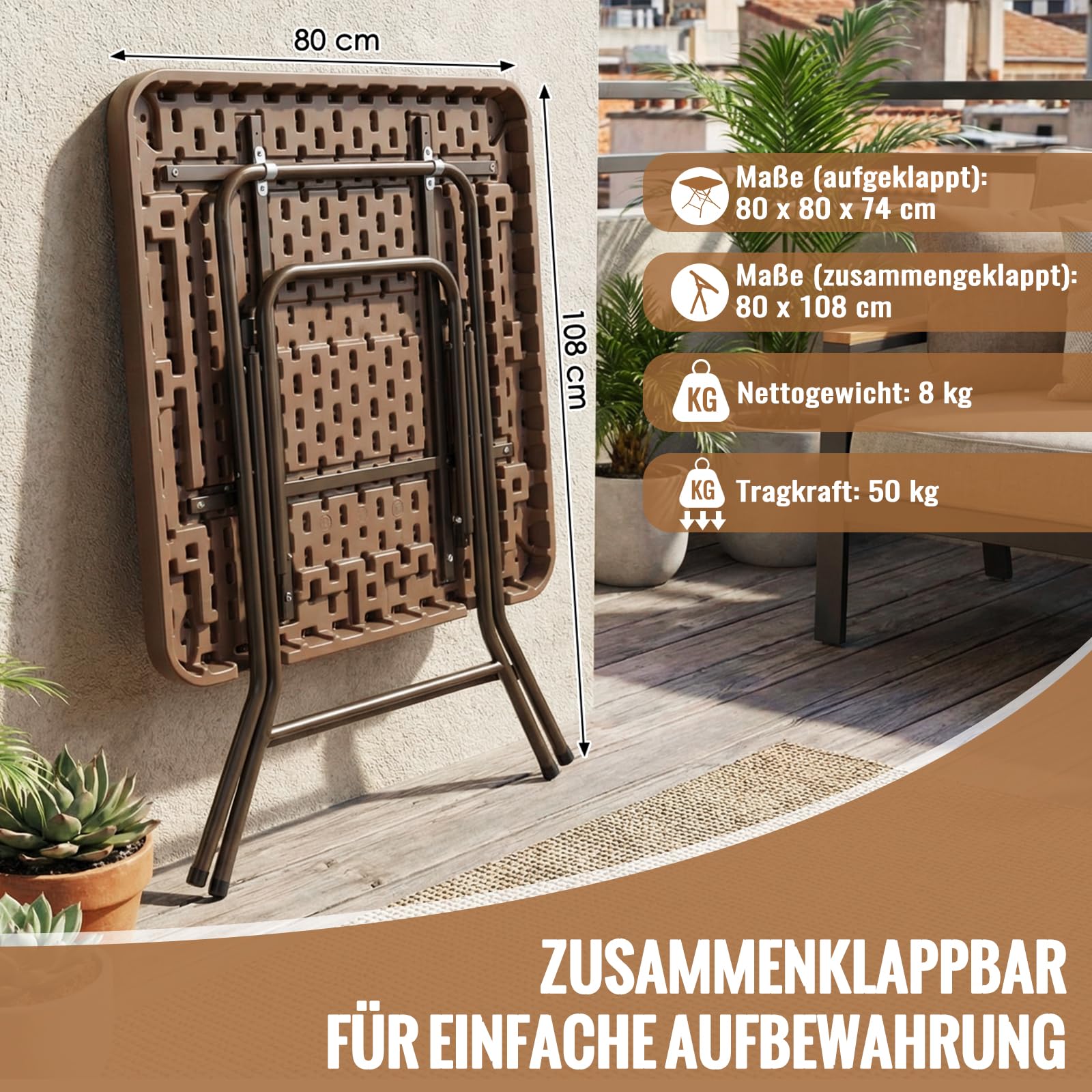 Clevich Mesa de jardín 80 x 80 x 74 cm, Mesa Plegable Portátil, Estructura de Acero y Espesar HDPE, Mesa de Camping, Resistente a la Intemperie, fácil de Limpiar para jardín, Terraza (Marrón)