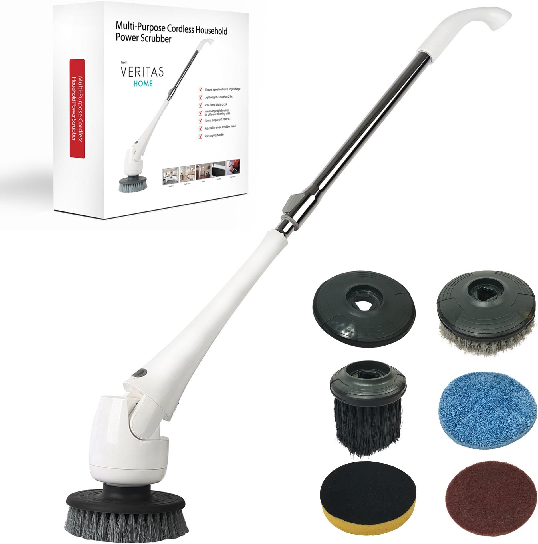 Power Scrubber by Veritas Home | Clean Bathroom, Kitchen, Sink, Bathtub, Shower, Tile, Glass, and Floor Grout with Powerful Household Spin Scrubber Tool + Multiple Brush Attachments Waterproof to 3 ft