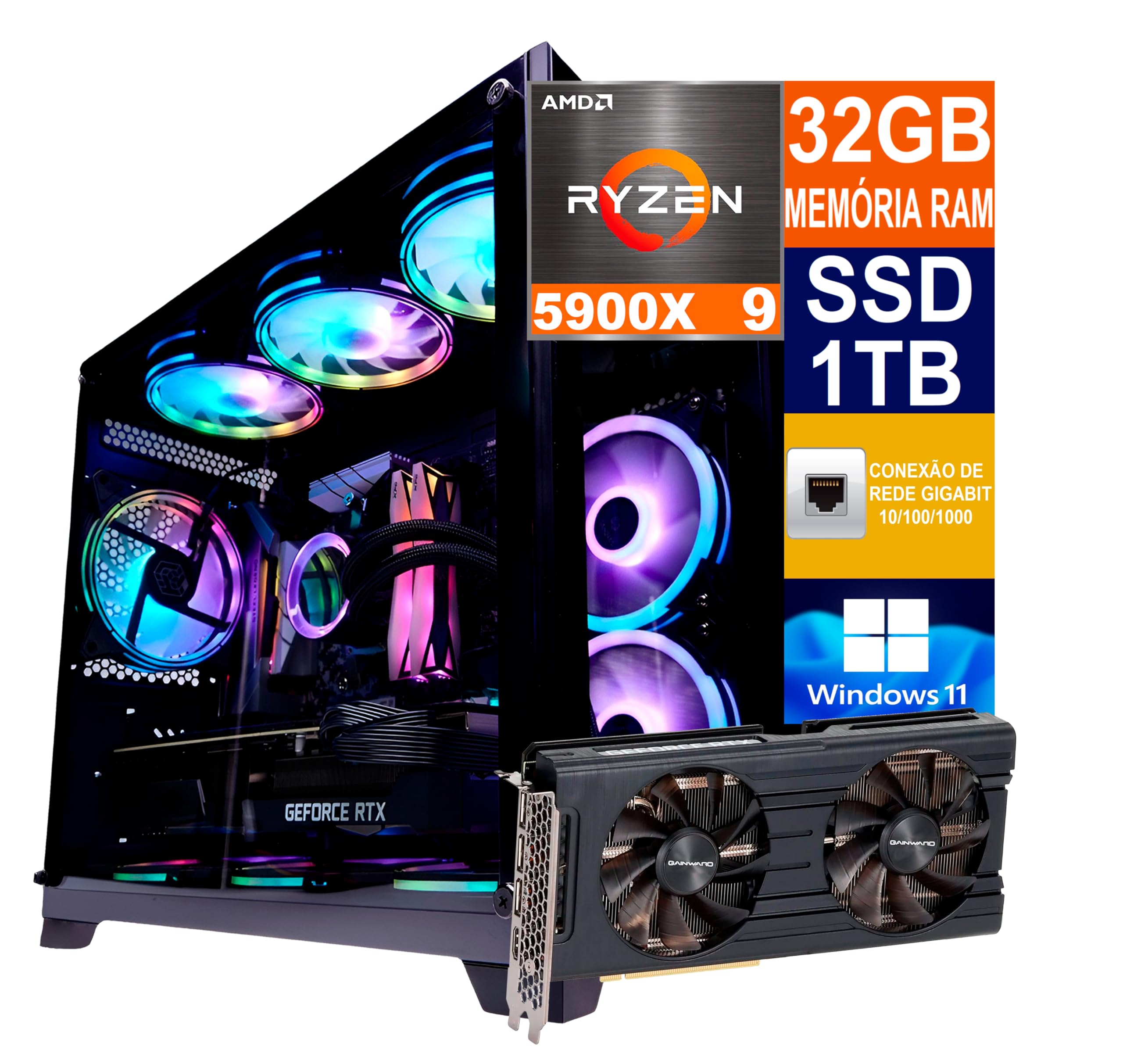 Pc Gamer Cpu Ryzen 9 5900X / SSD 1TB M.2 NVMe / 32GB Memória Ram
