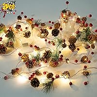 Vista 1 de Paquete de 2 guirnaldas artificiales de Navidad con luces, funciona con pilas, guirnalda preiluminada de 6.56 pies con 20 luces LED, bayas rojas