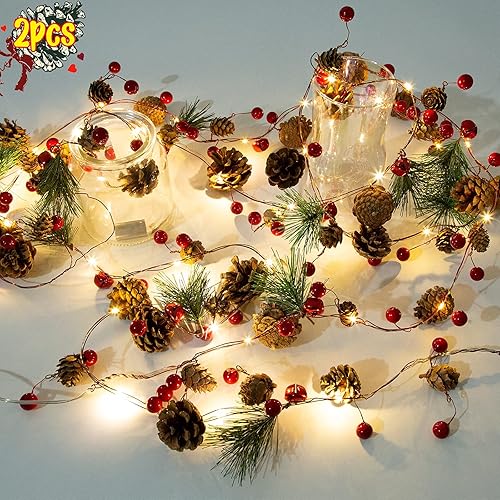 Miniatura 9 de Guirnalda de luces artificiales de Navidad de 5.9 pies con 162 bayas rojas nevadas, 55 hojas verdes, 20 luces LED, funciona con pilas para