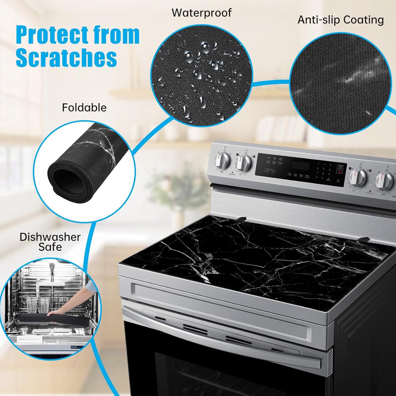 Stove Top Cover for Electric Stove (28.5”x 20.5”), Heat Resistant Glass Stove Top Cover, Cooktop Protector for Glass/Ceramic Stoves, Dishwasher Safe Natural Rubber, Black Marble