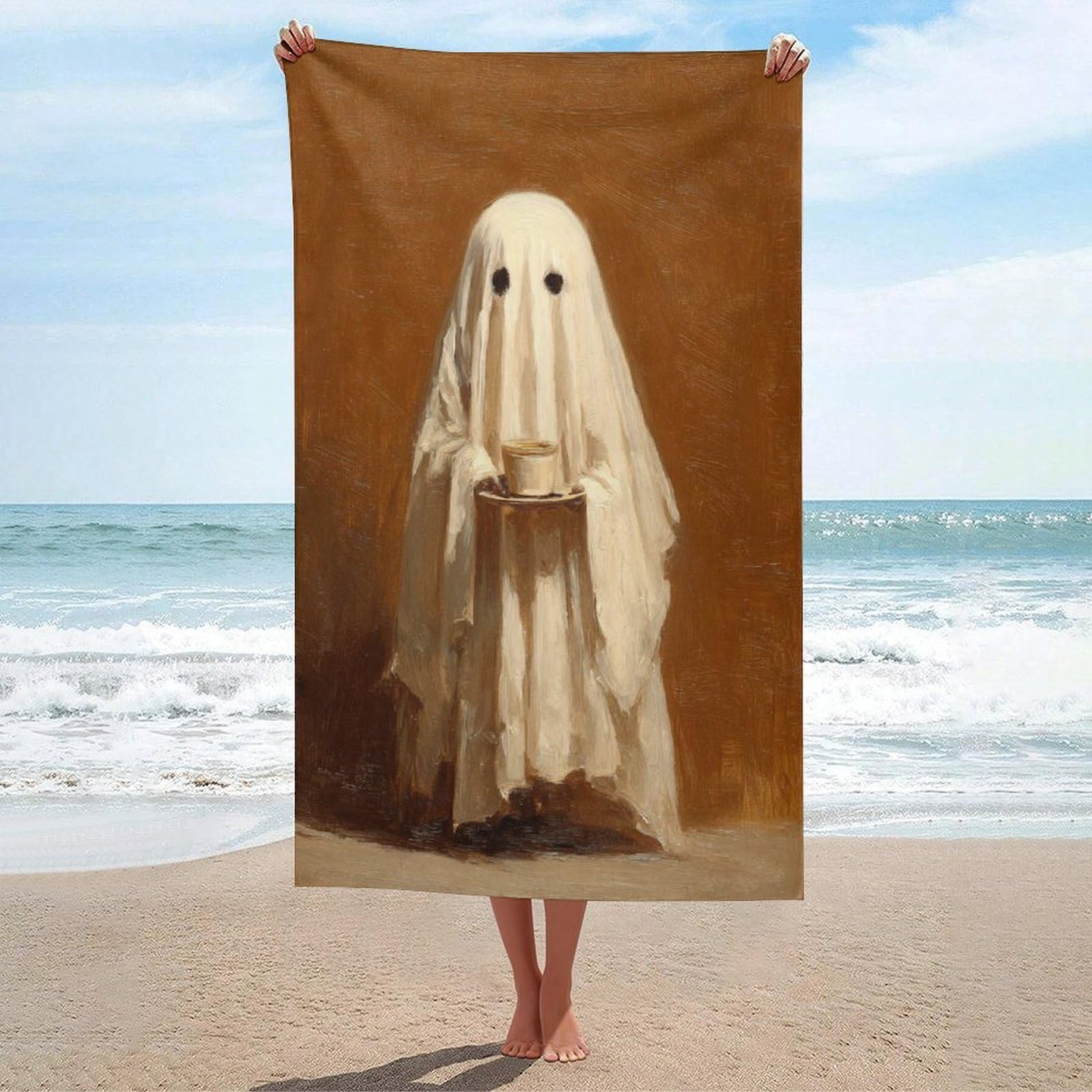LSRCPD Cute Ghost Holding A Coffee Cup Beach Towel Sand Free Microfiber Large Shower Towels Multipurpose Absorbent for Bathroom Pool 130x80 CM