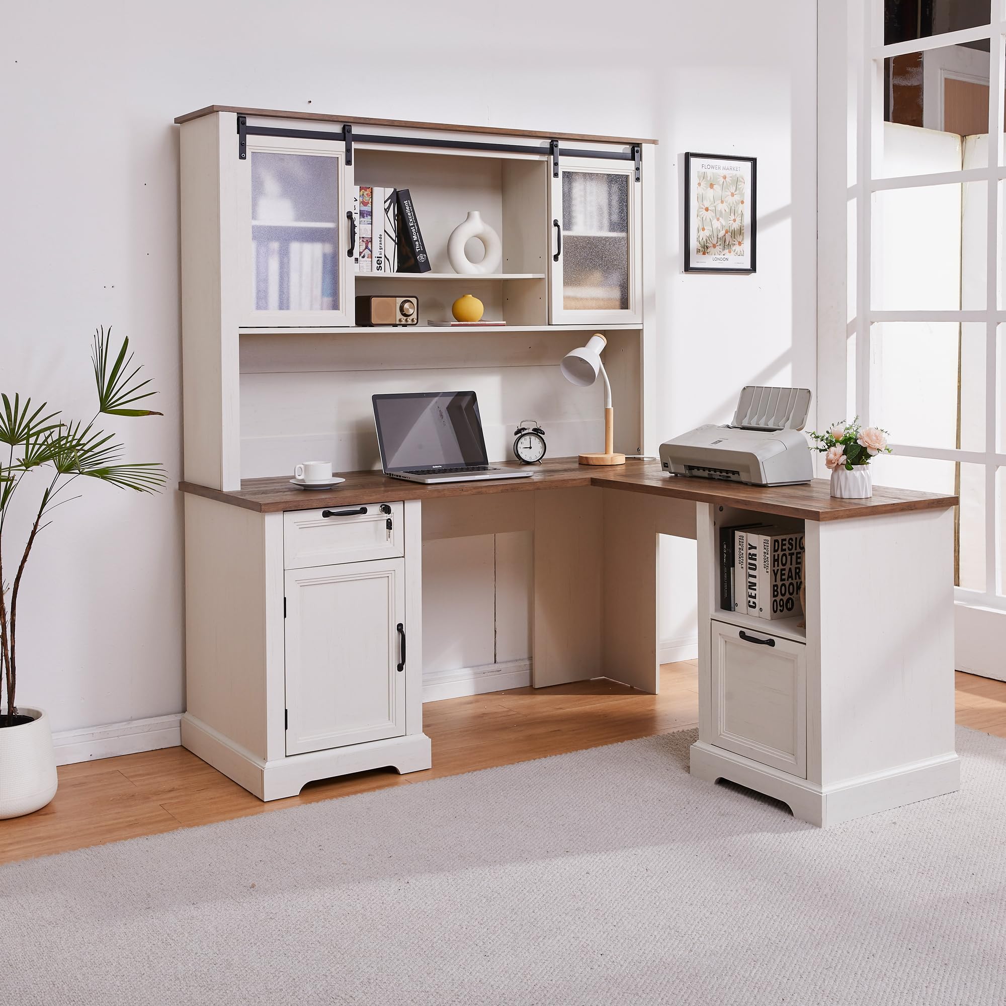 LayBurst 60-inch Farmhouse L-Shaped Executive Desk with Hutch