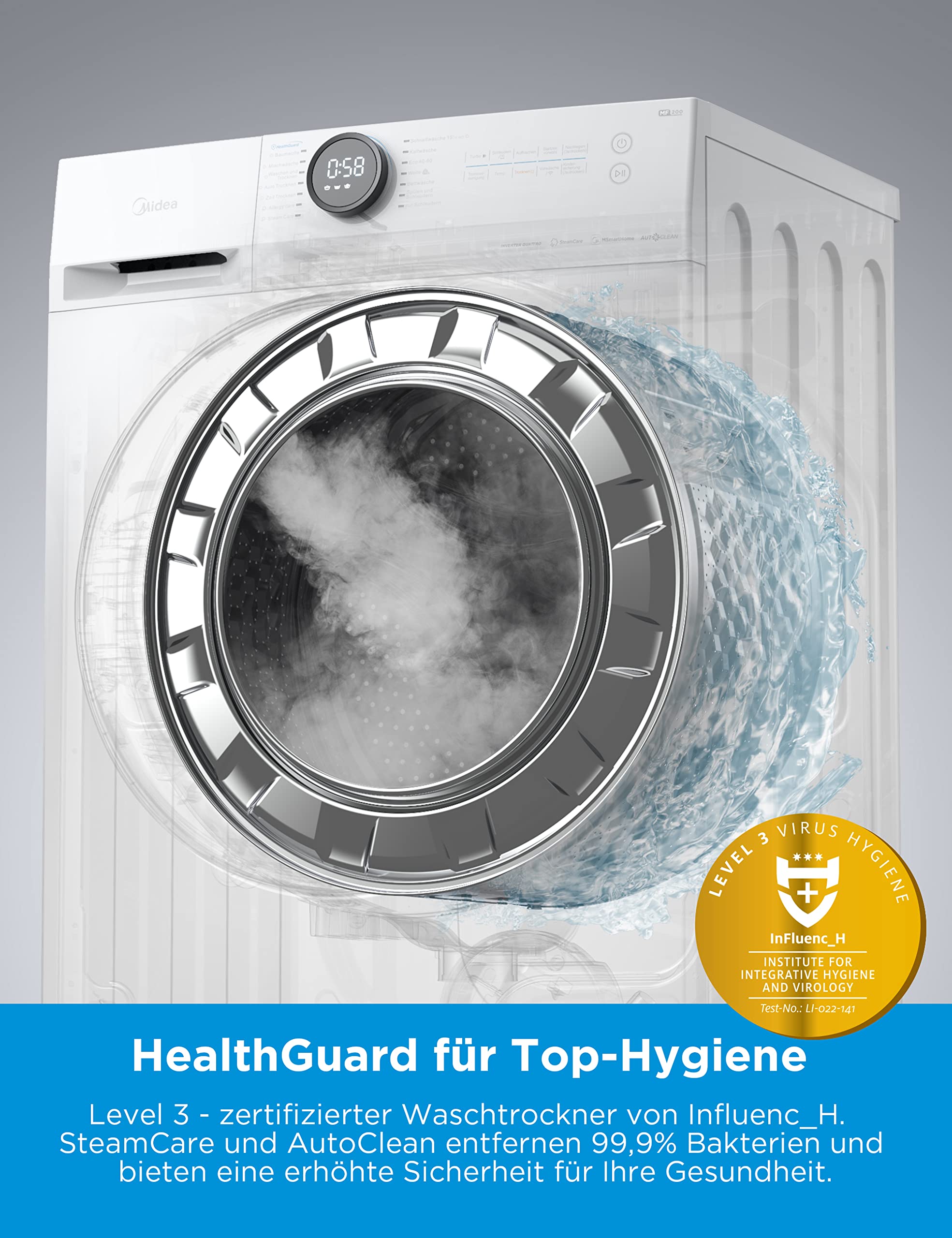 Midea MF200D86WB-14EAS Waschtrokner, 8/6kg, Inverter Motor, 60 Min. Waschen und Trocknen, Steam Care, Turbo Wash, 48 cm tief, APP-Steuerung, AquaStop