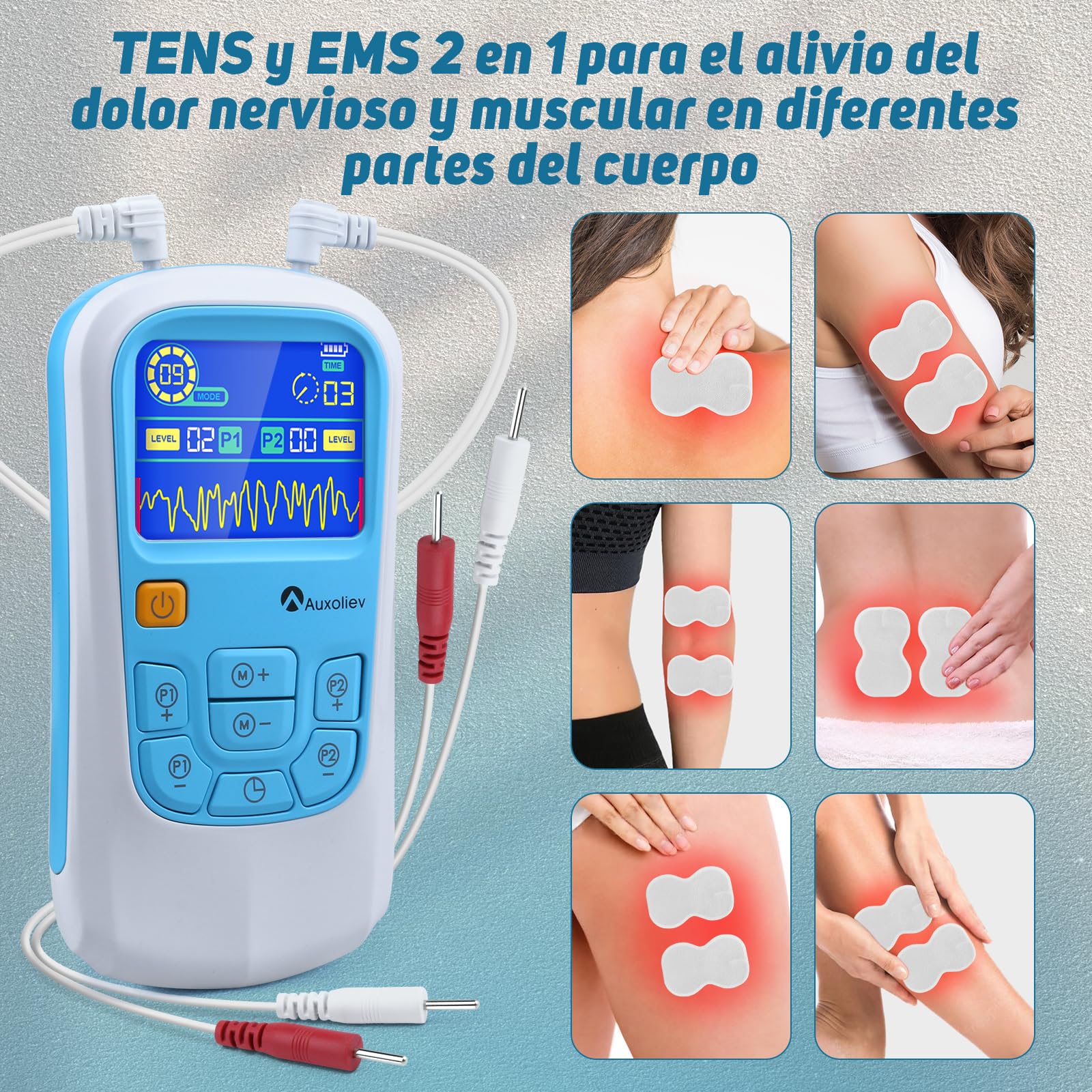 AUXOLIEV Electroestimulador Muscular Función de Masaje, A/B Canales TENS/EMS de Masaje Terapia Maquina, Microcorriente y Carga USB, 25 Modos de Masaje + 50 Intensidad para Largo Plazo (Azul Blanco)