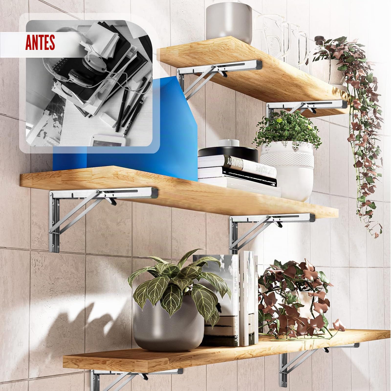 2 Soportes de Pared Plegables de Acero Inoxidable –600mm Soporte Abatible con Bloqueo para Mesa Plegable, Banco de Trabajo, Estante – Ahorro de Espacio & Antióxido – Carga 100kg