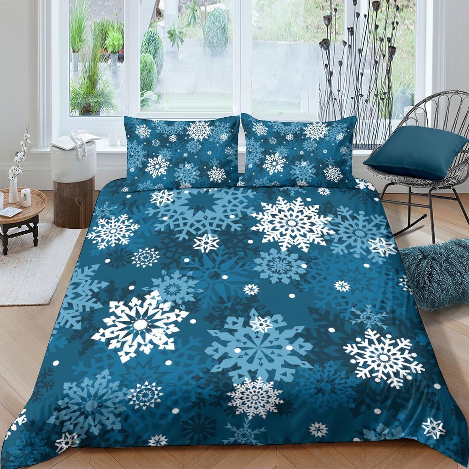 Ctjqhvkz Style-7 3D Printed Snowflake Blue Fitted Sheet Microfiber Soft Breathable Winter Pattern Bed Sheet For Bedroom Dorm Guest Room Decor Single（135X200cm）