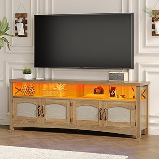 DWVO Farmhouse TV Stand for 65 inch TVs, LED Entertainment Center with Storage, TV Console with Power Outlets, Wooden Bar Coffee TV Table with Shelves for Living Room (Oak)