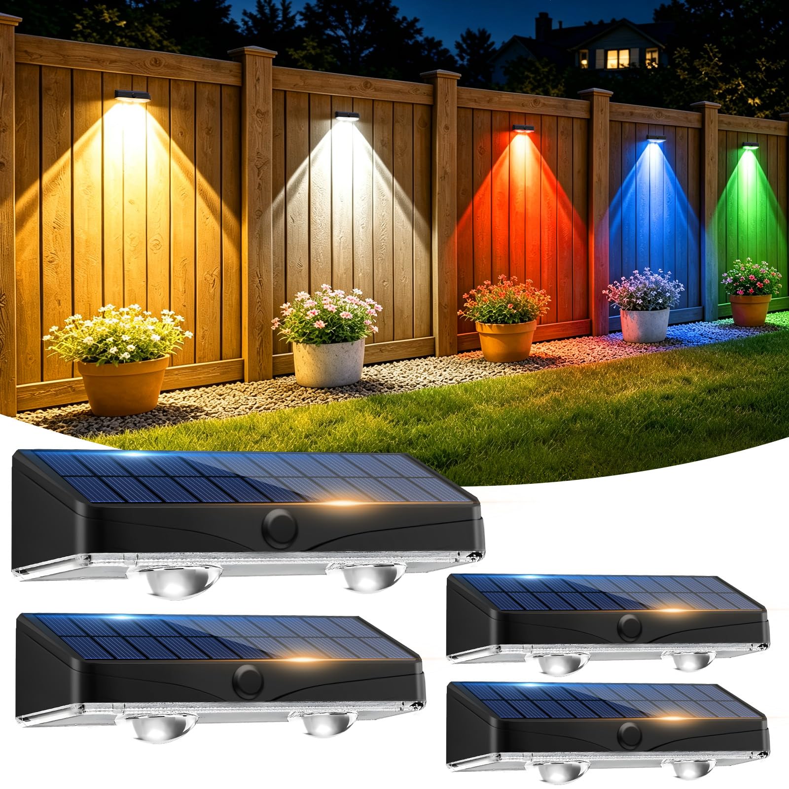 9 Colors 11 Modes Solar Fence Lights Outdoor, Solar Lights Outdoor Garden
