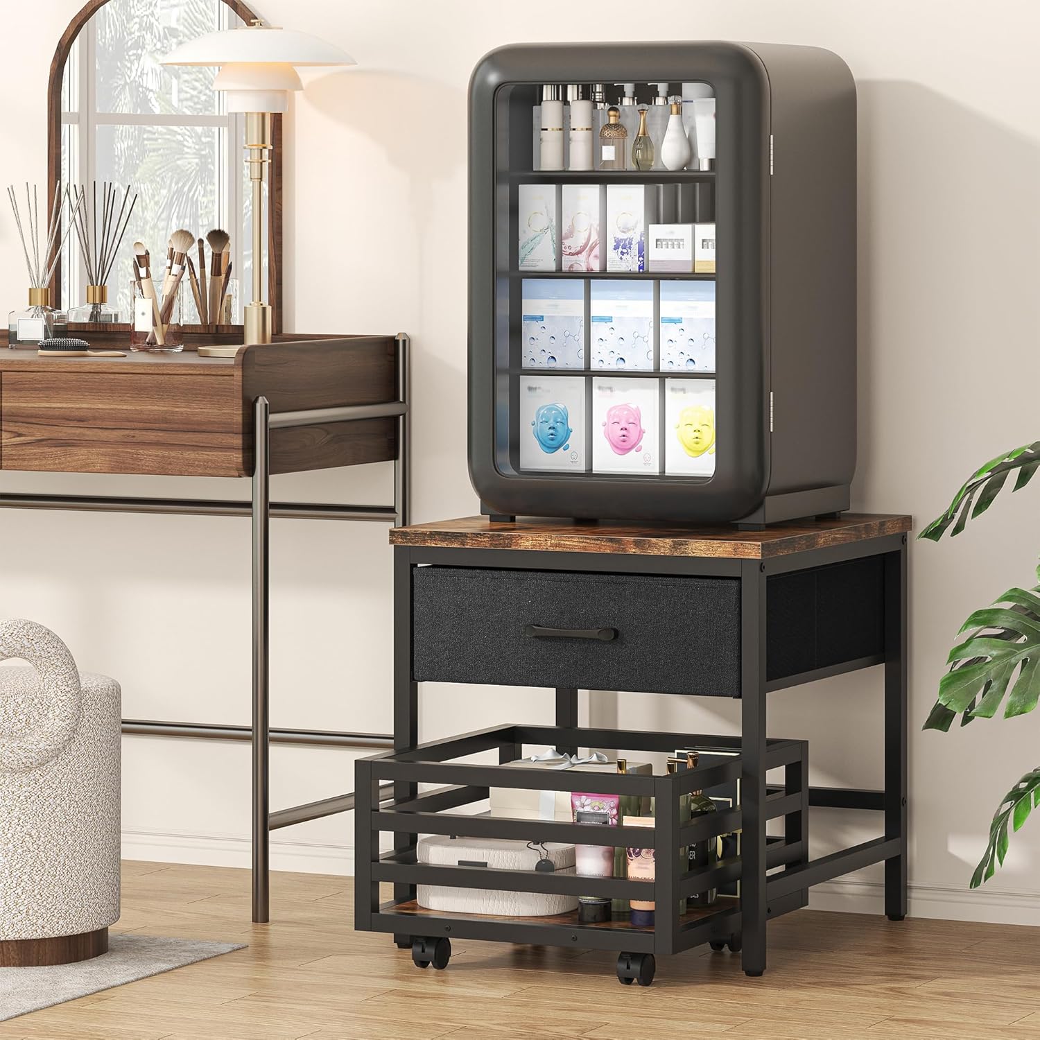 Mini Fridge Stand with Storage Drawer, Small Beverage Refrigerator Table with Mobile Basket Cart, End Table, Printer Stand, for Living Room, Bedroom, Home Office