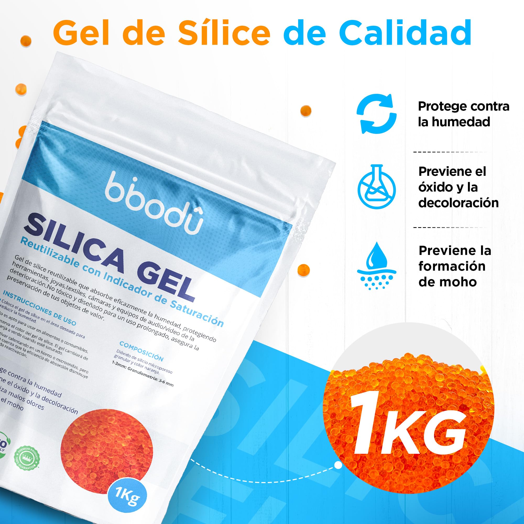 Silica Gel Naranja 1KG + 10 Bolsas | Gel de Silice Reutilizable con Indicador de Saturación | Perfecto para Armarios, Cajones, Productos Electrónicos y Secado de Flores