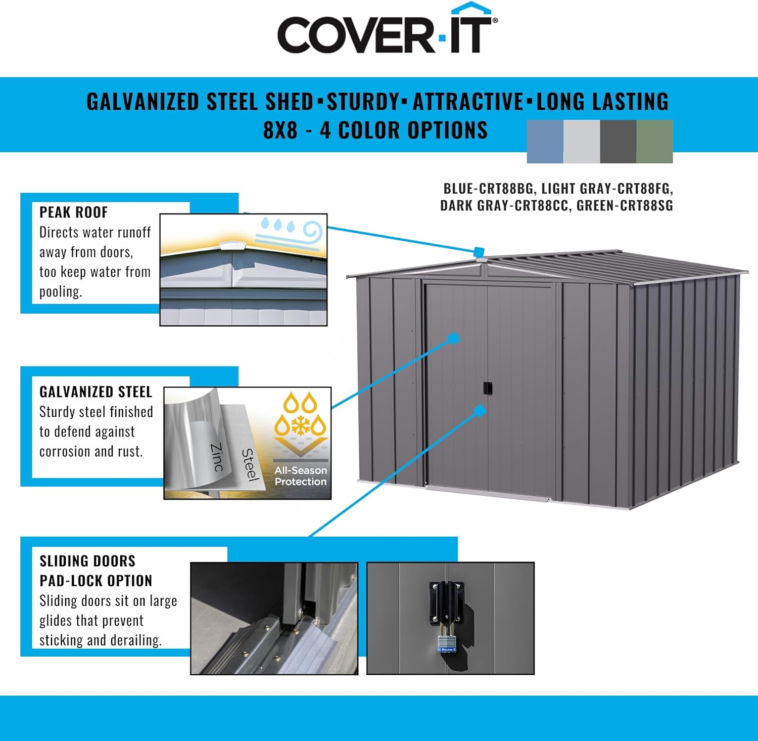 8x8 Metal Outdoor Galvanized Steel Storage Shed with Sliding Double Lockable Doors for Backyard or Patio Storage of Bikes, Grills, Supplies, Tools, Toys, for Lawn, Garden, and Camping, Blue