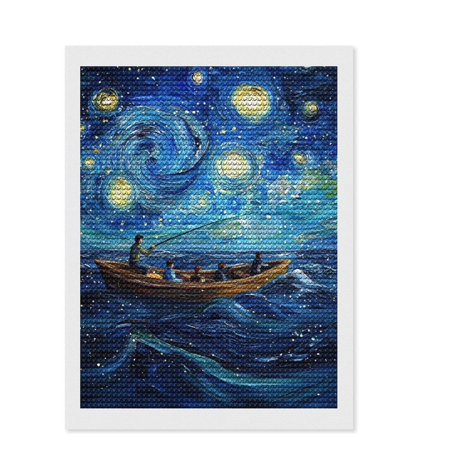 Junmoney Starry Night Fishing Round Drill Diamond Painting 12"x16", Fun Craft Experience, Modern Decor, for Craft Lovers, Holiday Gift Idea