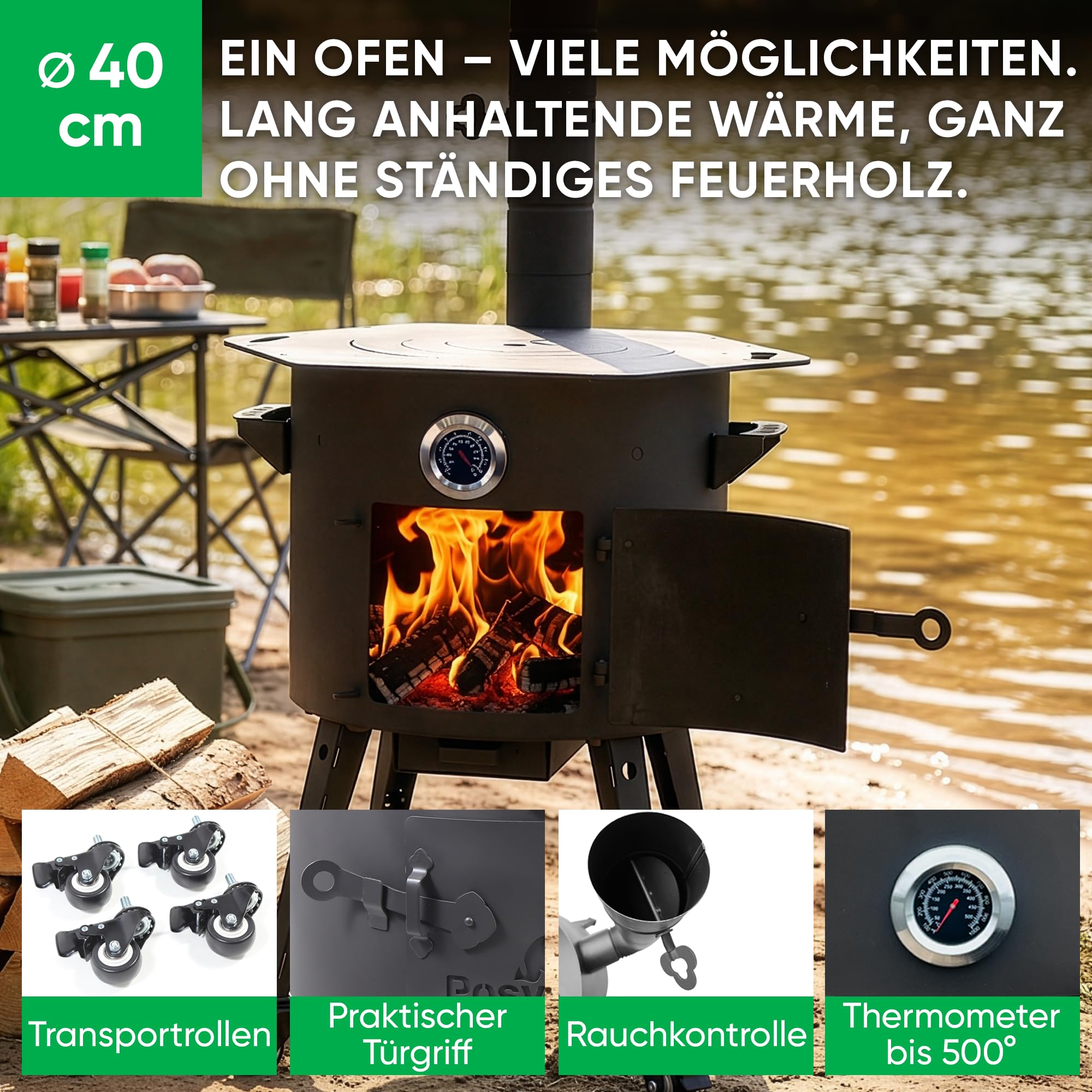 Set mit Utschak-Ofen I Abzugsrohr I Ofenplatte sechseckig oder rund, Schornsteinverlängerung I Zahnstocherspender I Thermometer (sechseckige Platte)
