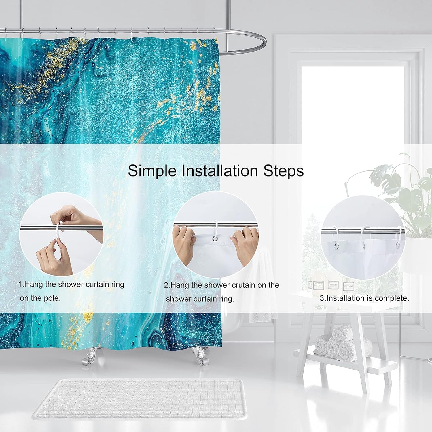 Domoku Marble Waterproof Shower Curtain with Hooks, Machine Washable Easy-Care Fabric Bathroom Curtain for Tub or Shower (Aquamarine, 72" W x84 L)