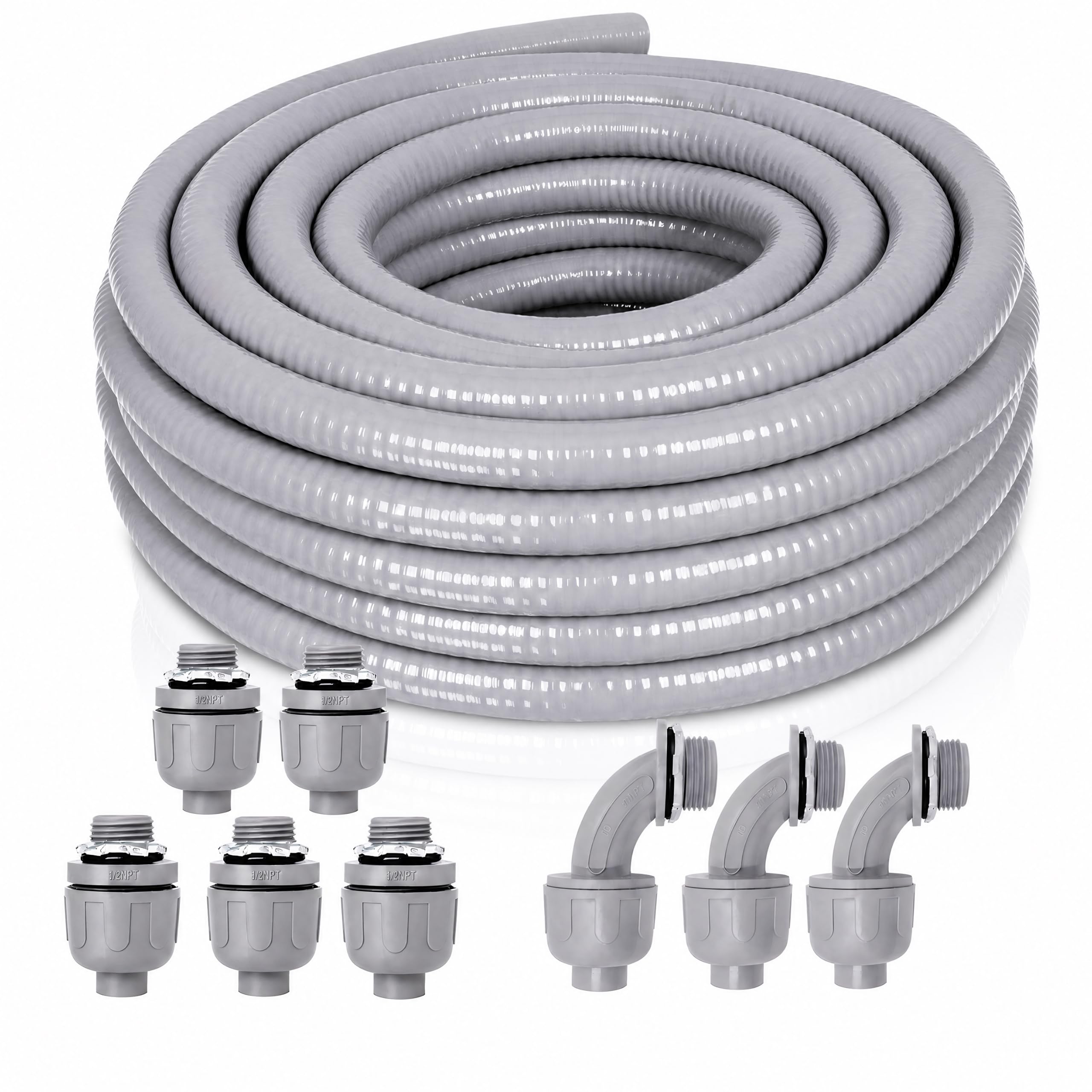 Feotech Liquid-Tight Conduit and Connector Kit — 1/2 Inch 25 FT with 5 Straight and 4 Corner Fittings