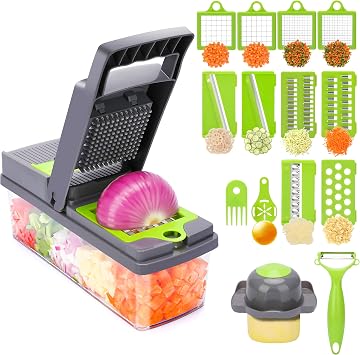 Vegetable Chopper with Container Pro Food Chopper 17 in 1 Multifunctional Food Slicer Vegetable Cutter with 10 Blades Adjustable Onion Dicer Chopper for Kitchen Salad Potato Carrot Garlic