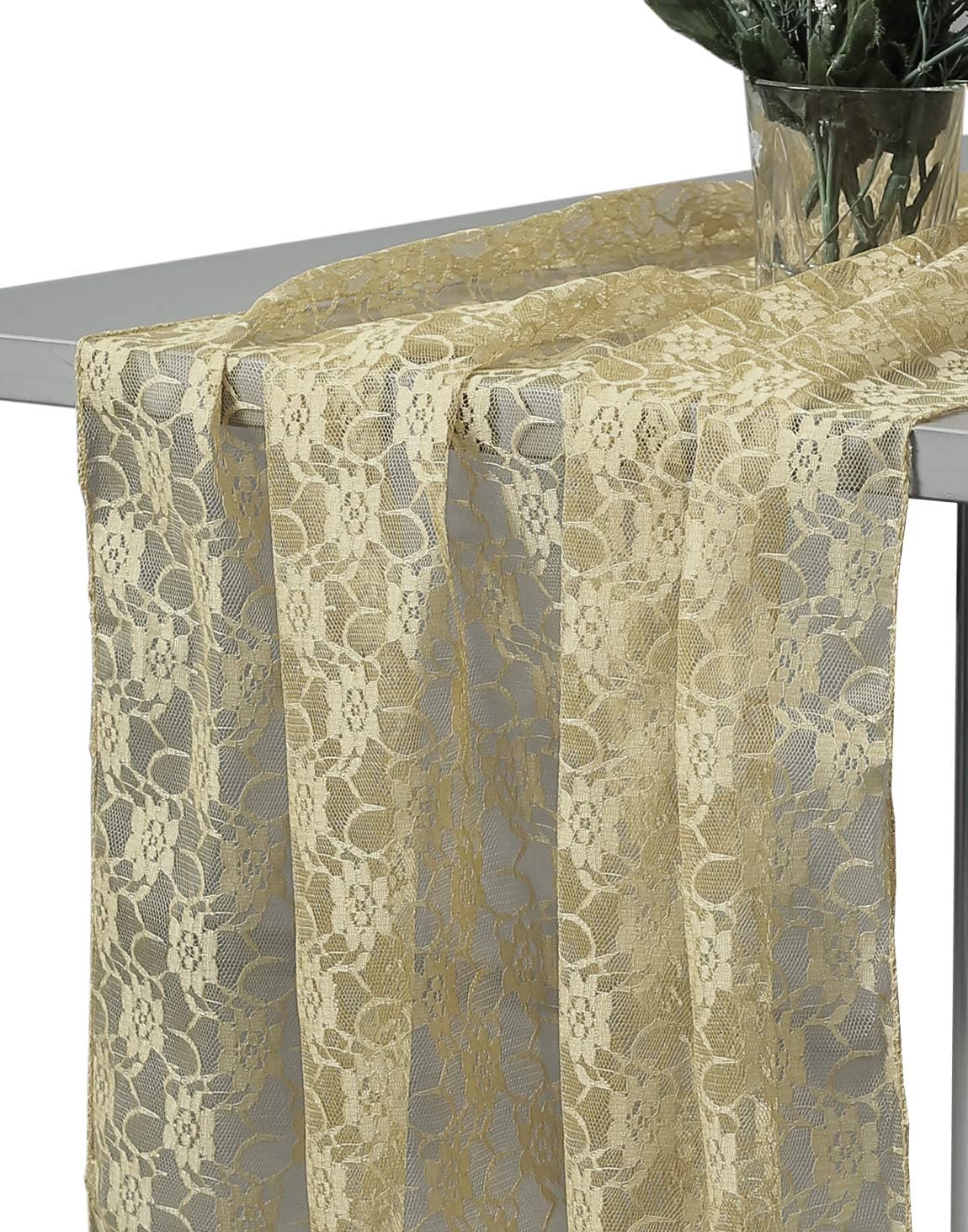 MDS Pack of 25 Wedding 27 x 170 inches Long Sheer lace Table Runner for Wedding Banquets Decorations Birthday Parties, Engagements, Rustic Boho for 14Feet Table Runners - Champagne Gold