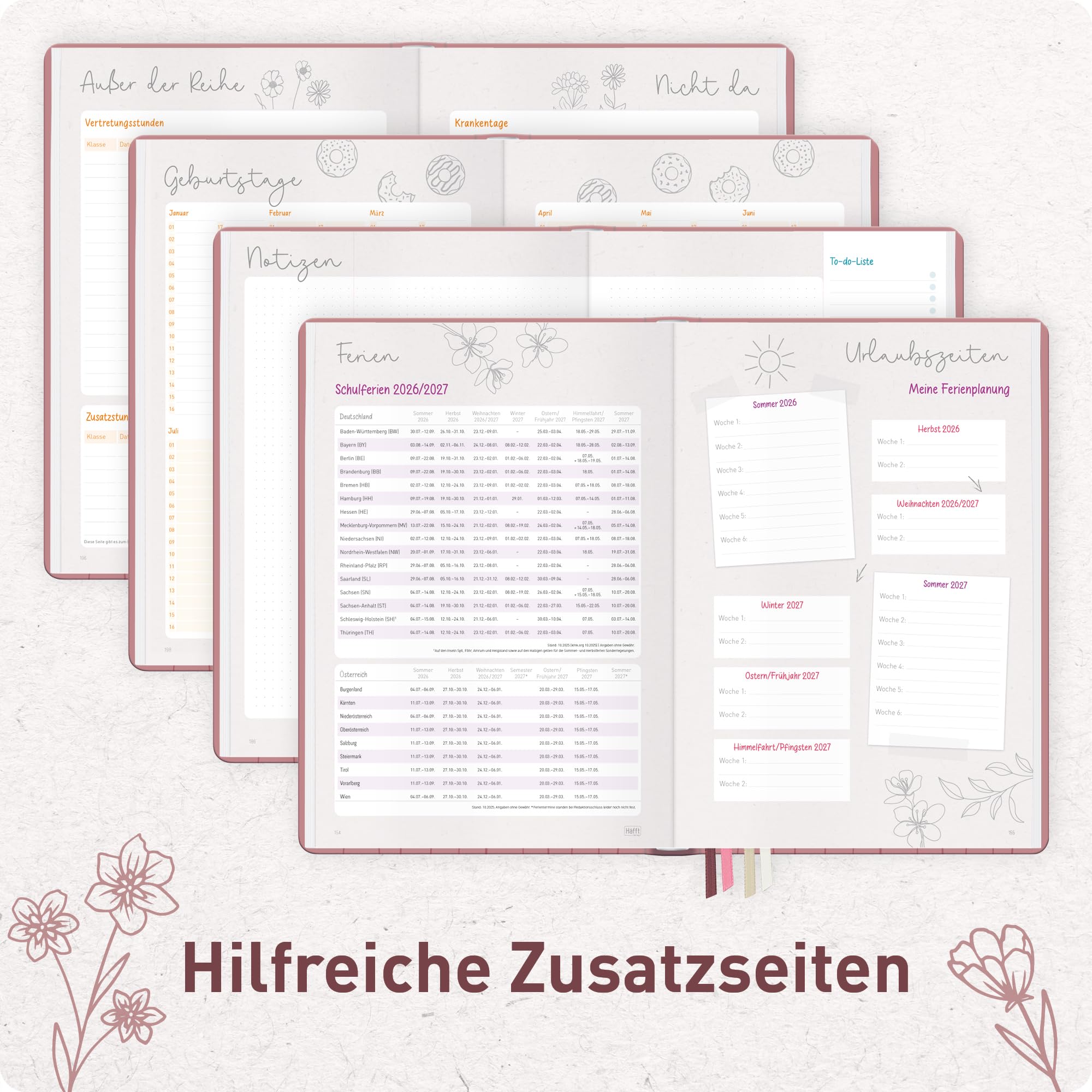 Häfft® Lehrerplaner Grundschule 2026/2027 im A4+ Format Hardcover - Schuljahr 12 Monate (Aug 26 - Jul 27) Lehrerkalender & Unterrichtsplaner für Klasse 1–4 "Fine Flowers rosé"