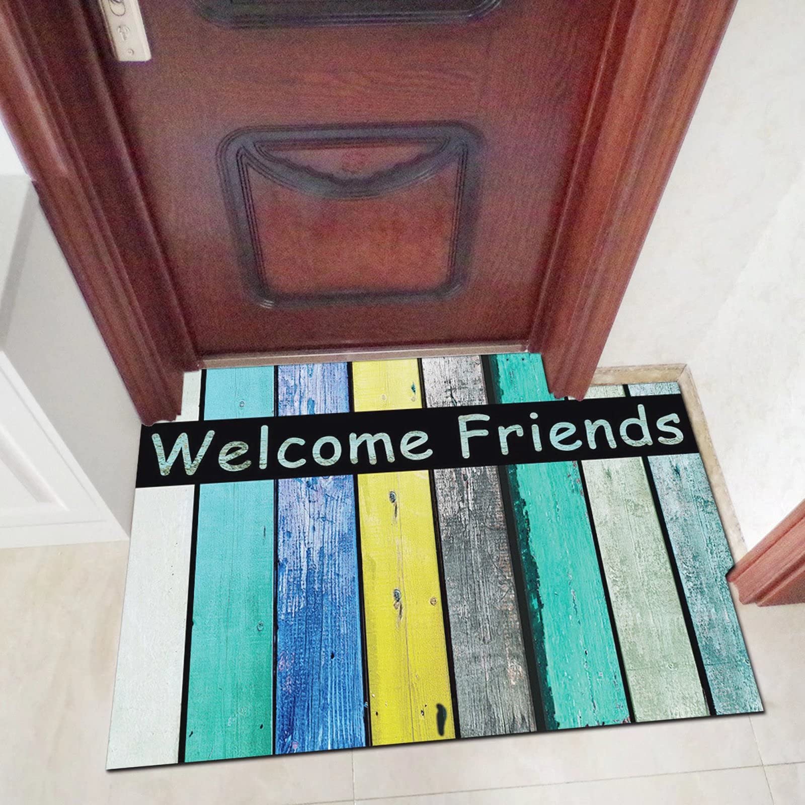 'Welcome Friends' mata podłogowa wejściowa, rustykalna stara stodoła drewniane dywaniki do wejścia, mata powitalna przed wejściem, drzwi na dziedziniec, wejście do garażu, 70 x 110 cm, zielono-żółta