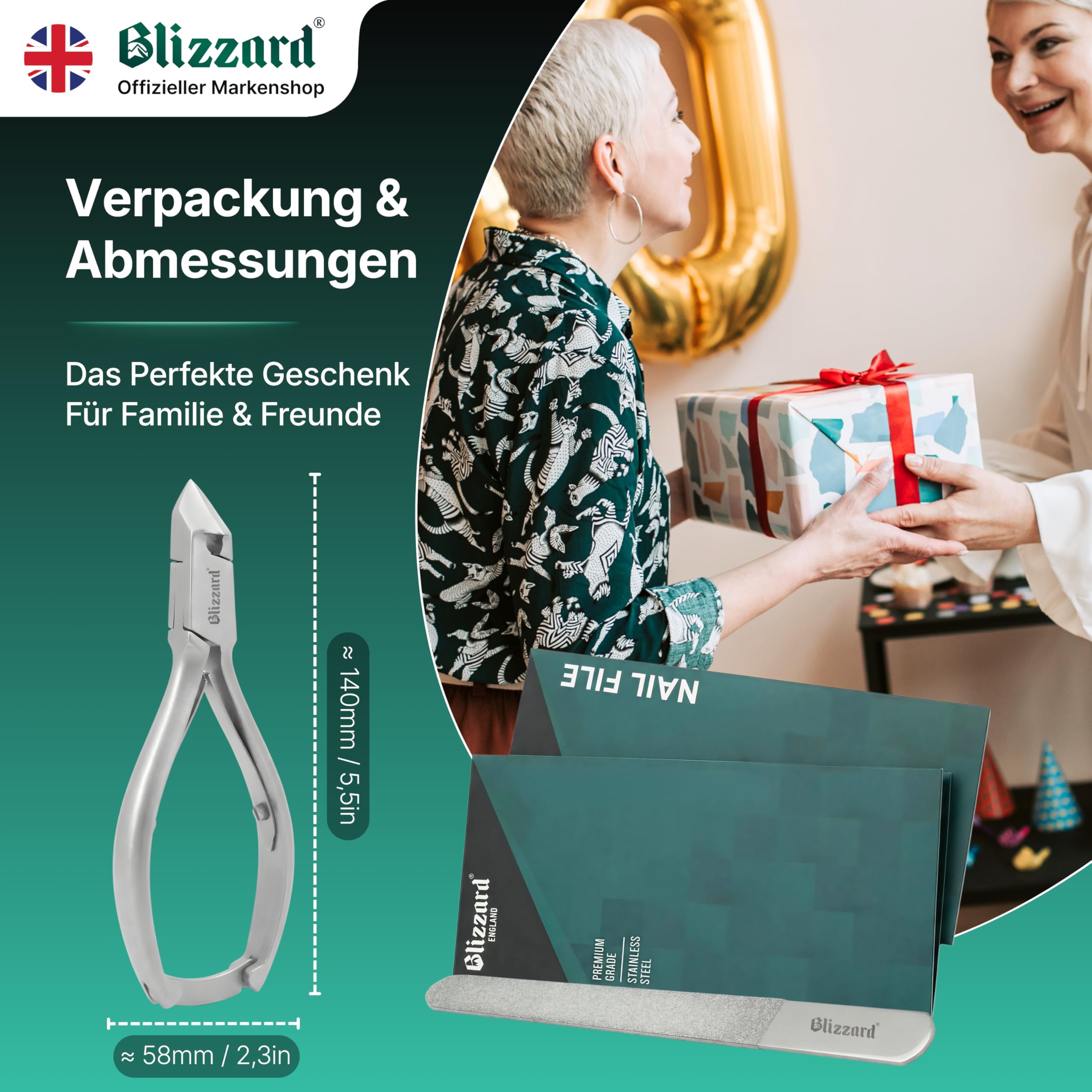 Blizzard Nagelzange für Fußnägel – Nagelzange mit Kopfschneider für dicke & eingewachsene Zehennägel – Profi Pediküre Fußpflege Werkzeug aus Edelstahl inkl. Metall Nagelfeile – 13,5 cm