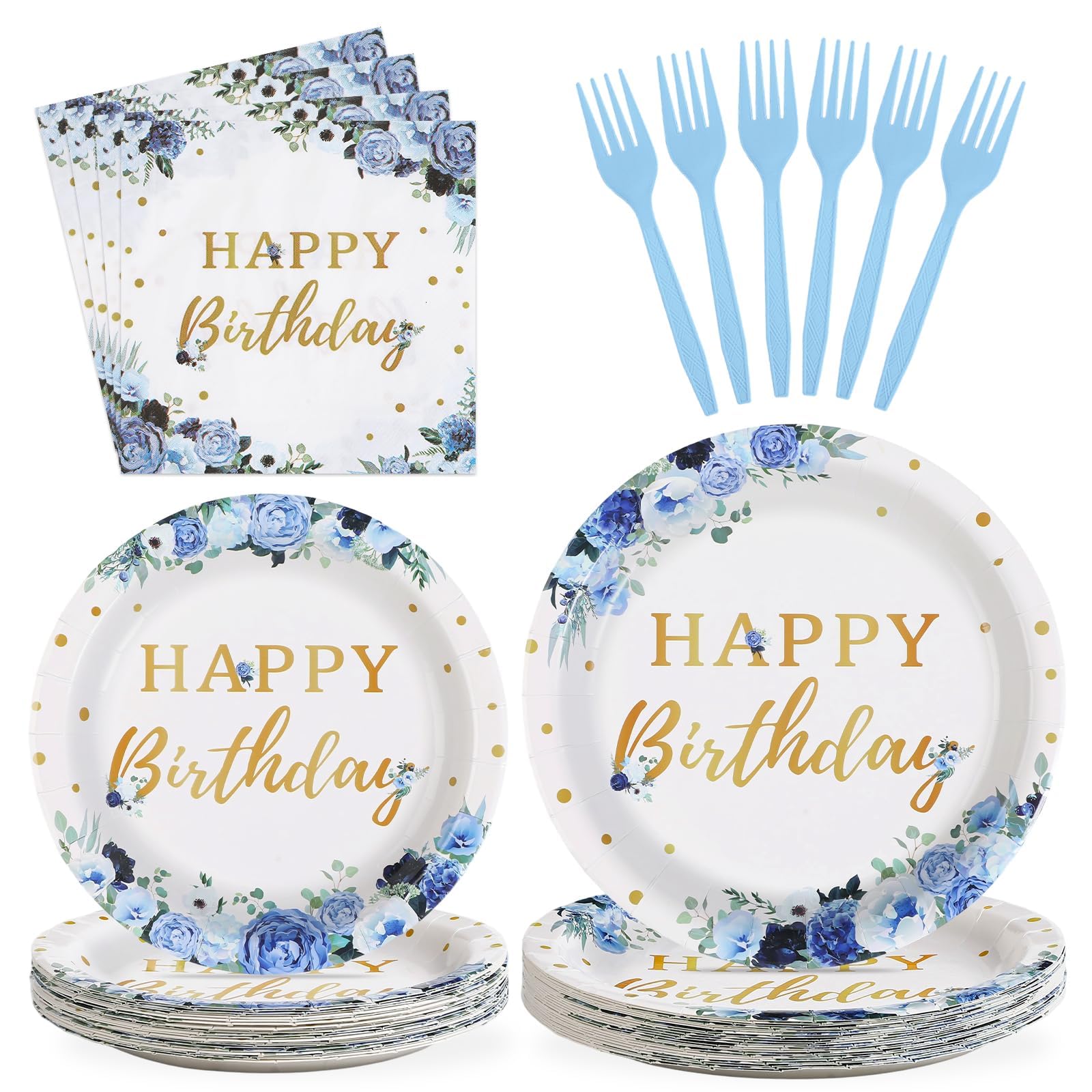 96 Pcs Blue Flower Birthday Party Decorations, Serves 24