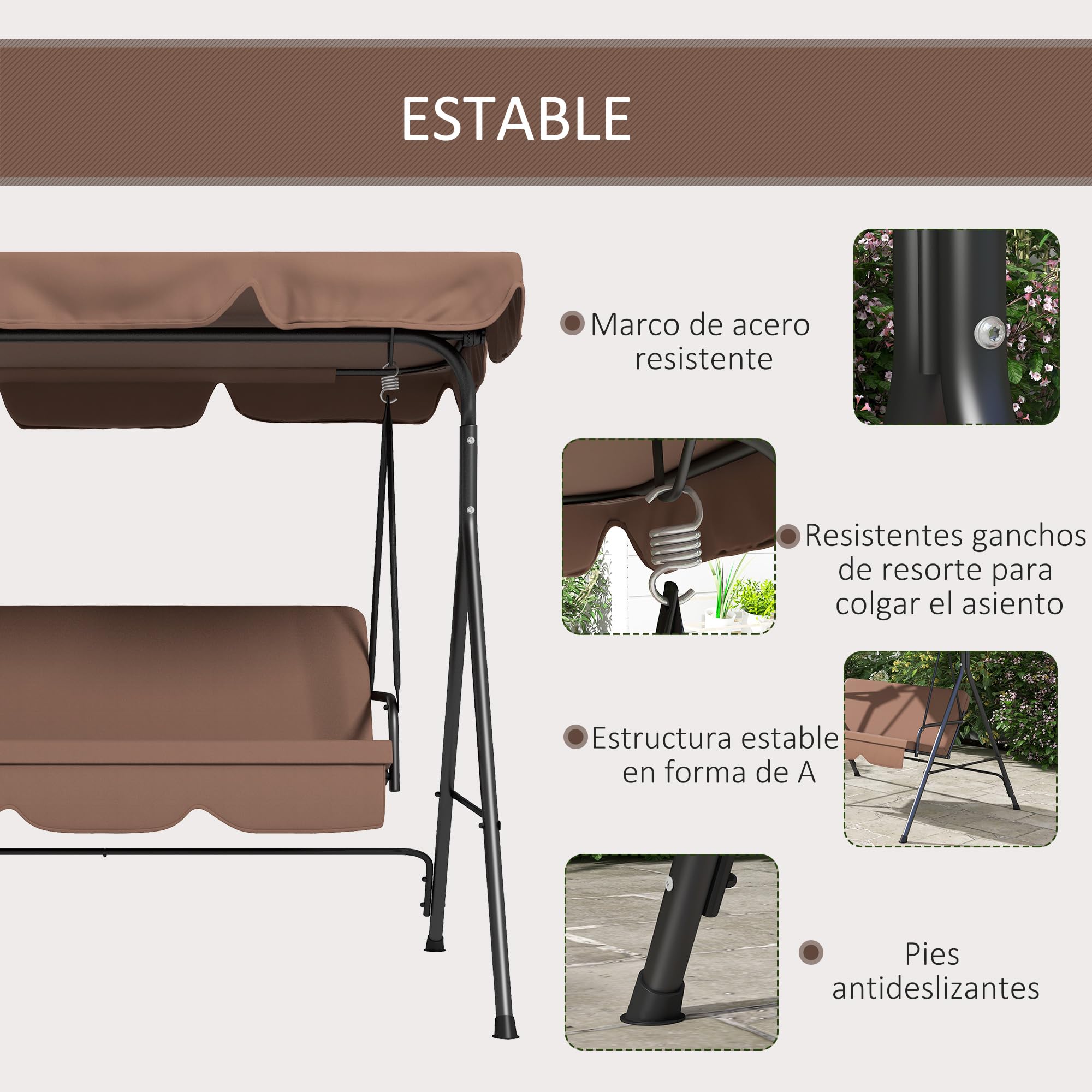 Aosom Outsunny Columpio de Jardín Tipo Balancín Mecedora de Metal 3 Plazas con Toldo Regulable y Cojín - 172x110x152cm